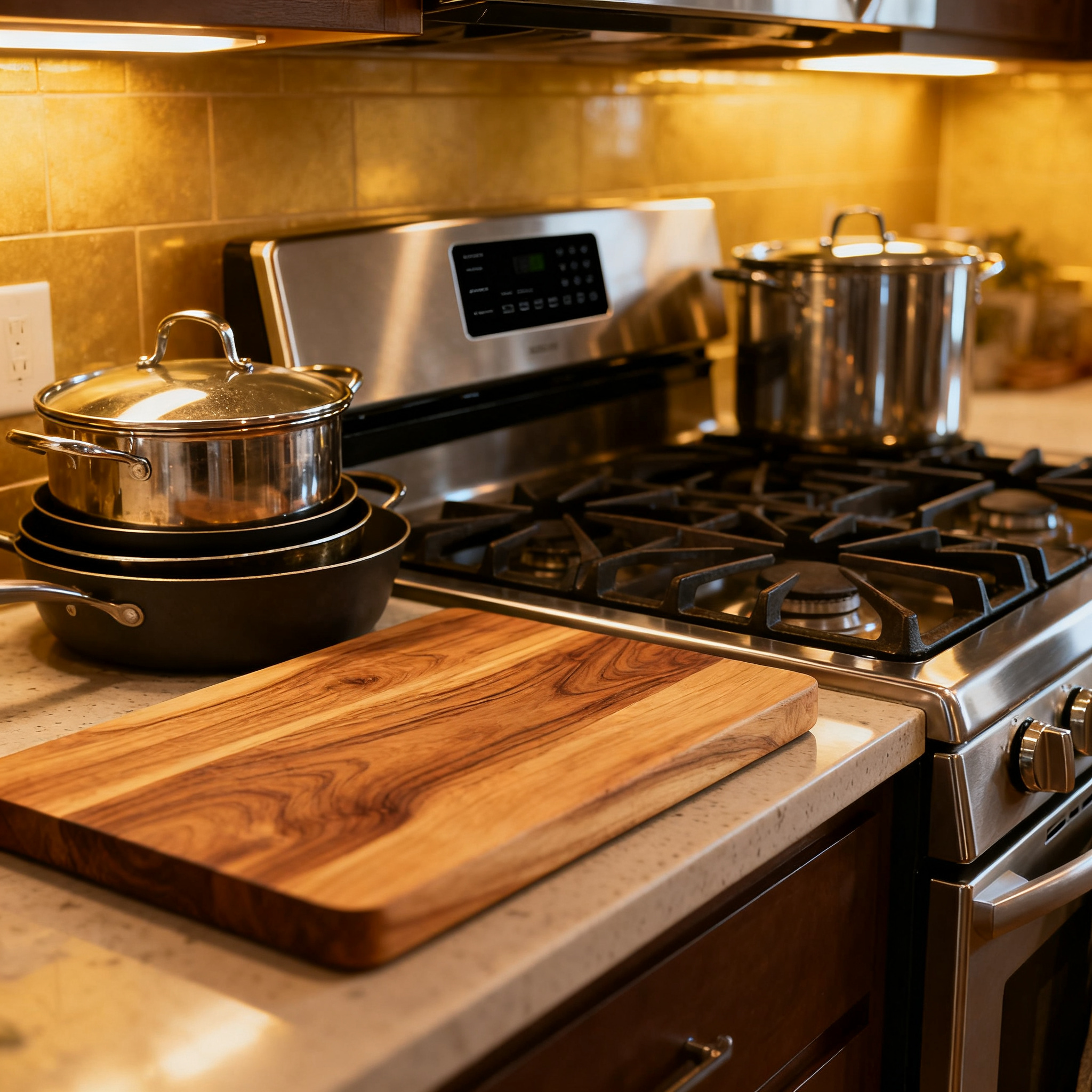 A kitchen with pots, pans, a stove, and a cutting board but 