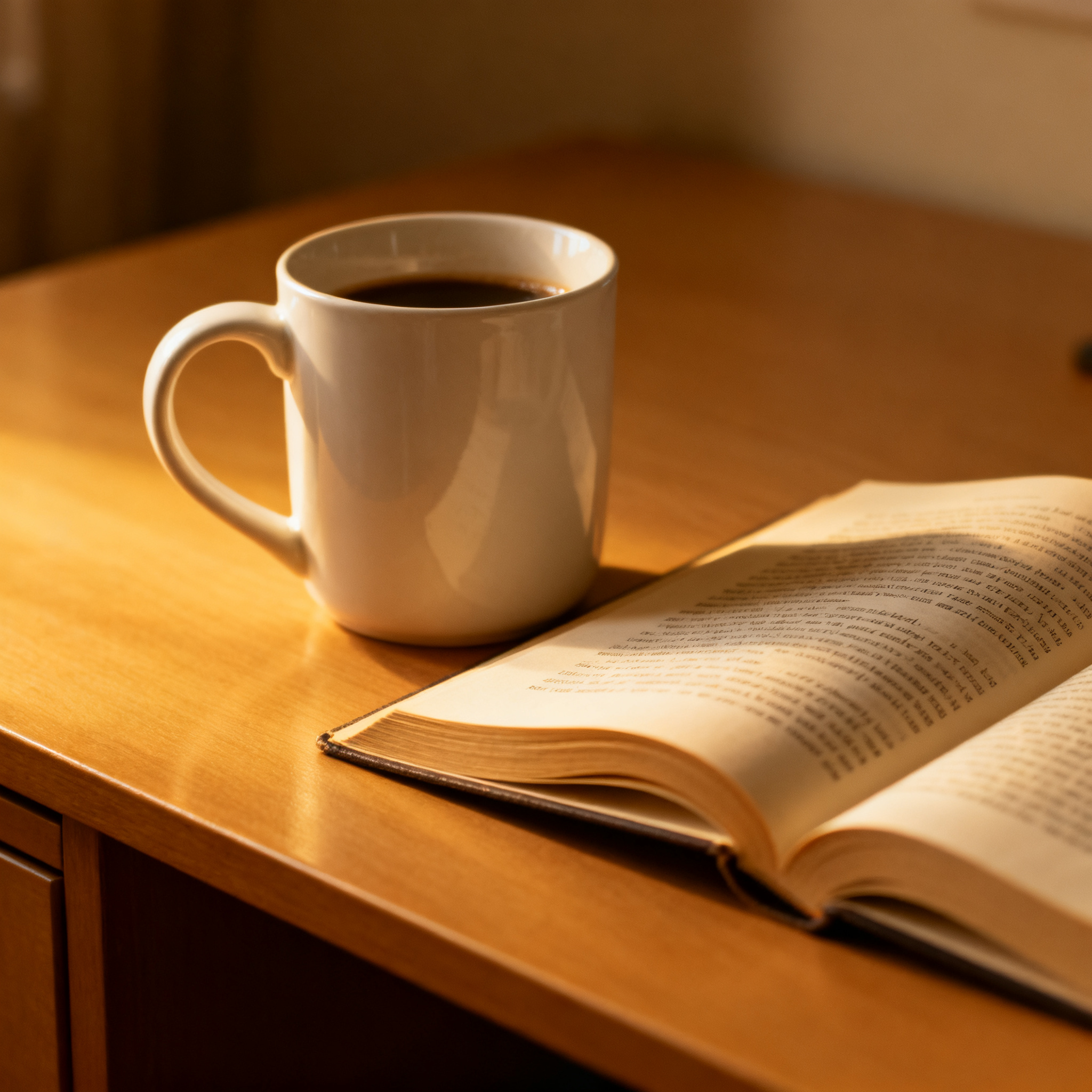 A coffee mug next to an open book on a desk
