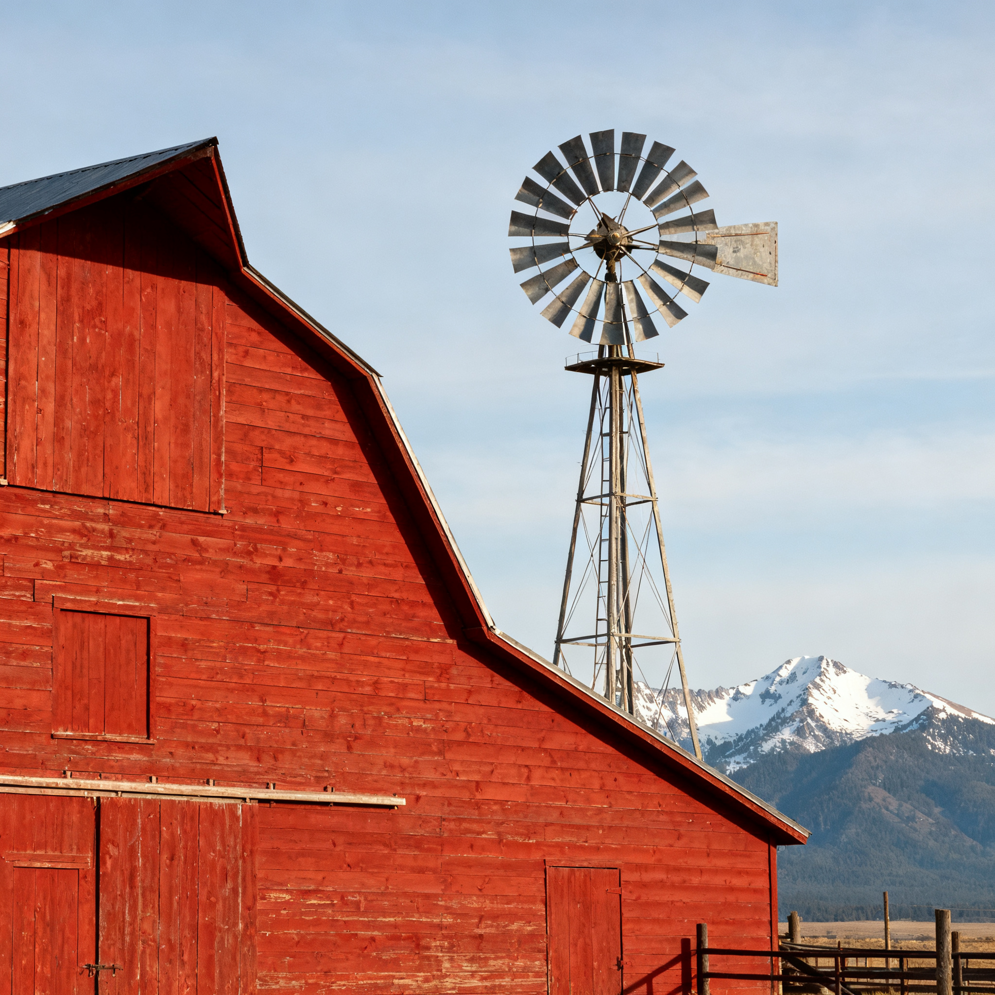 A landscape with a red barn in the foreground at large scale
