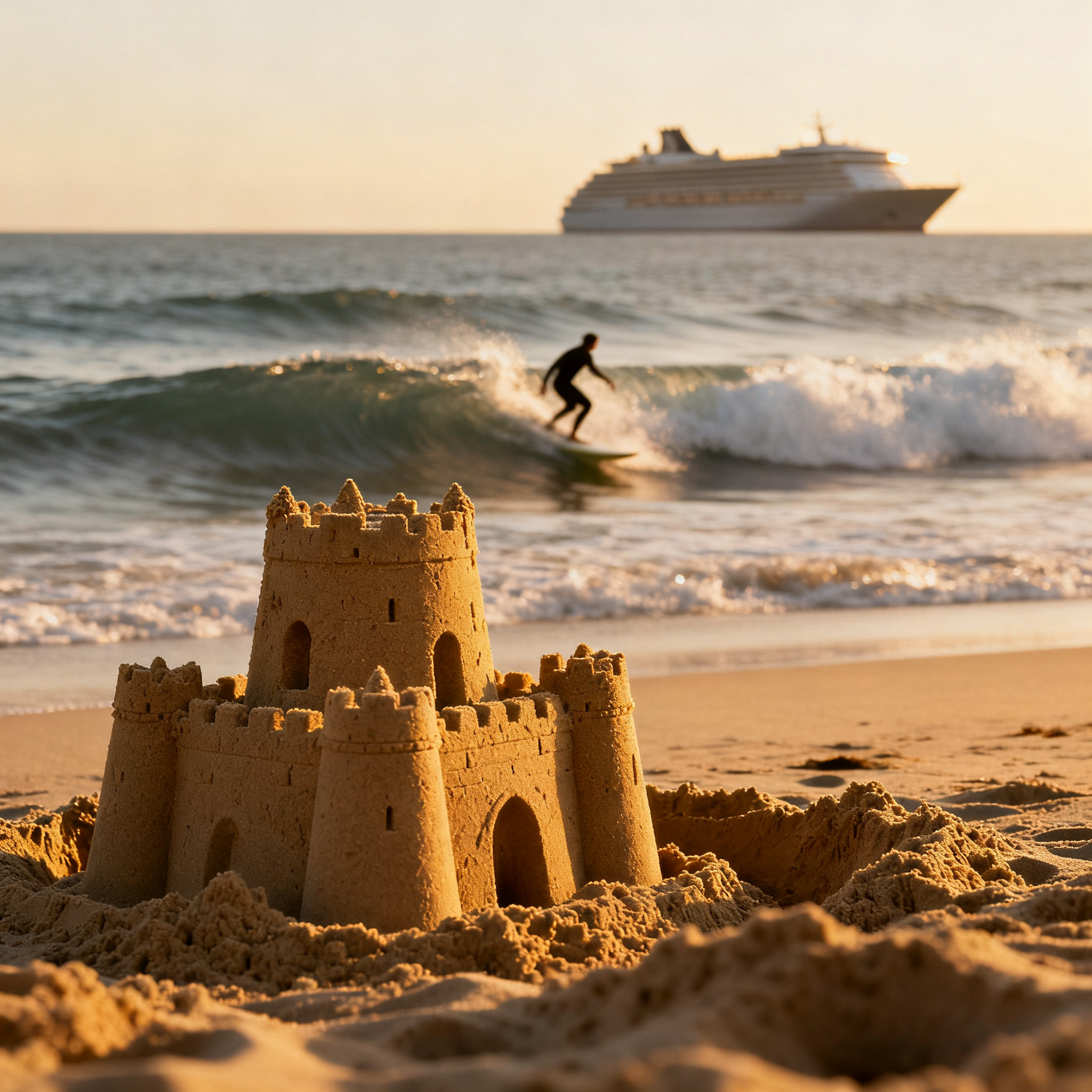 A beach scene with a sandcastle in the foreground, a surfer 