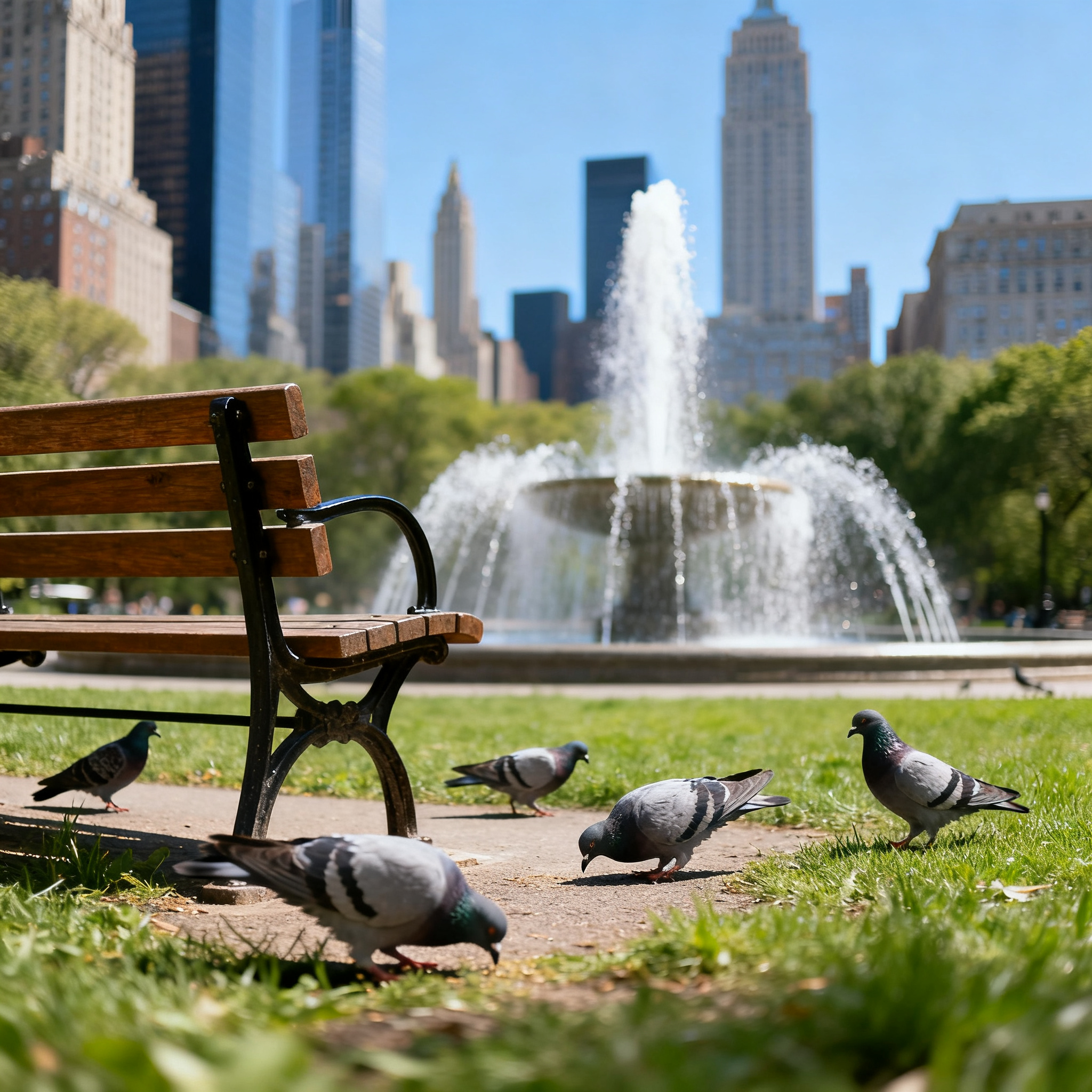 A city park with a park bench and pigeons in the foreground,