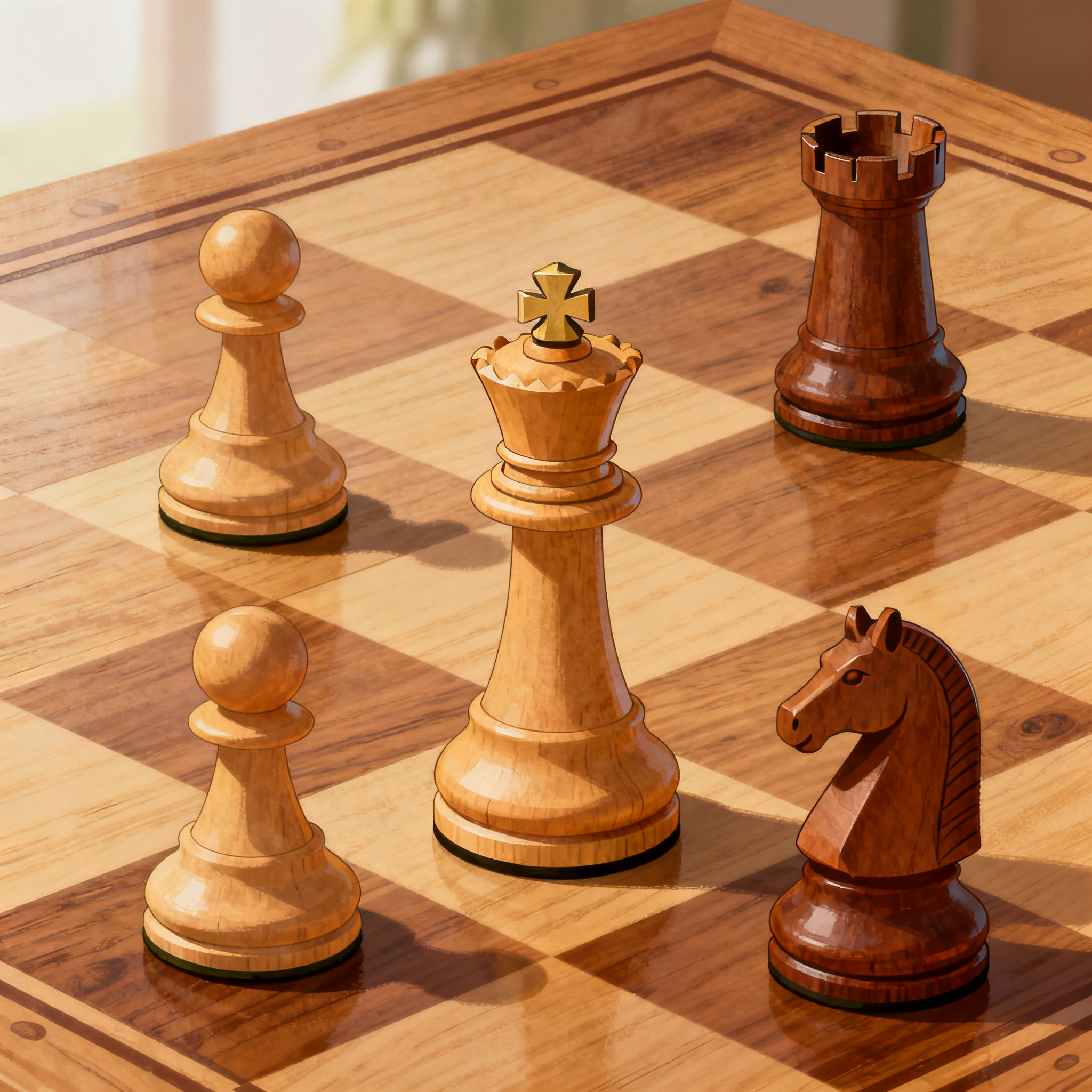 Five chess pieces on a board: a king in the center, a queen 