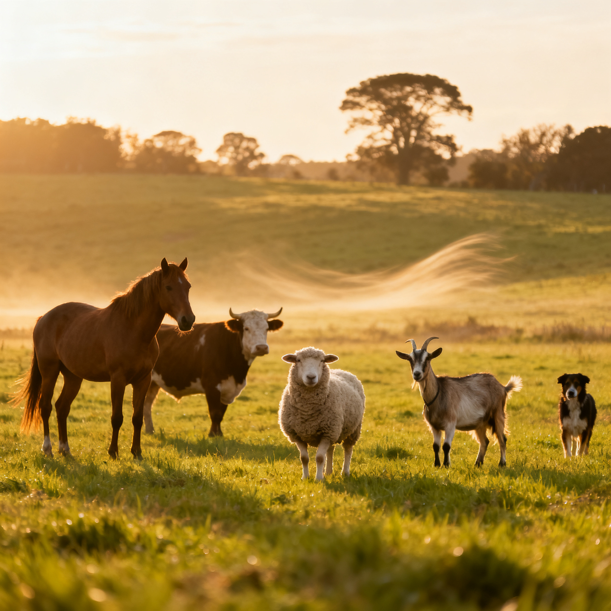 Five animals in a field: a horse on the far left, a cow to t