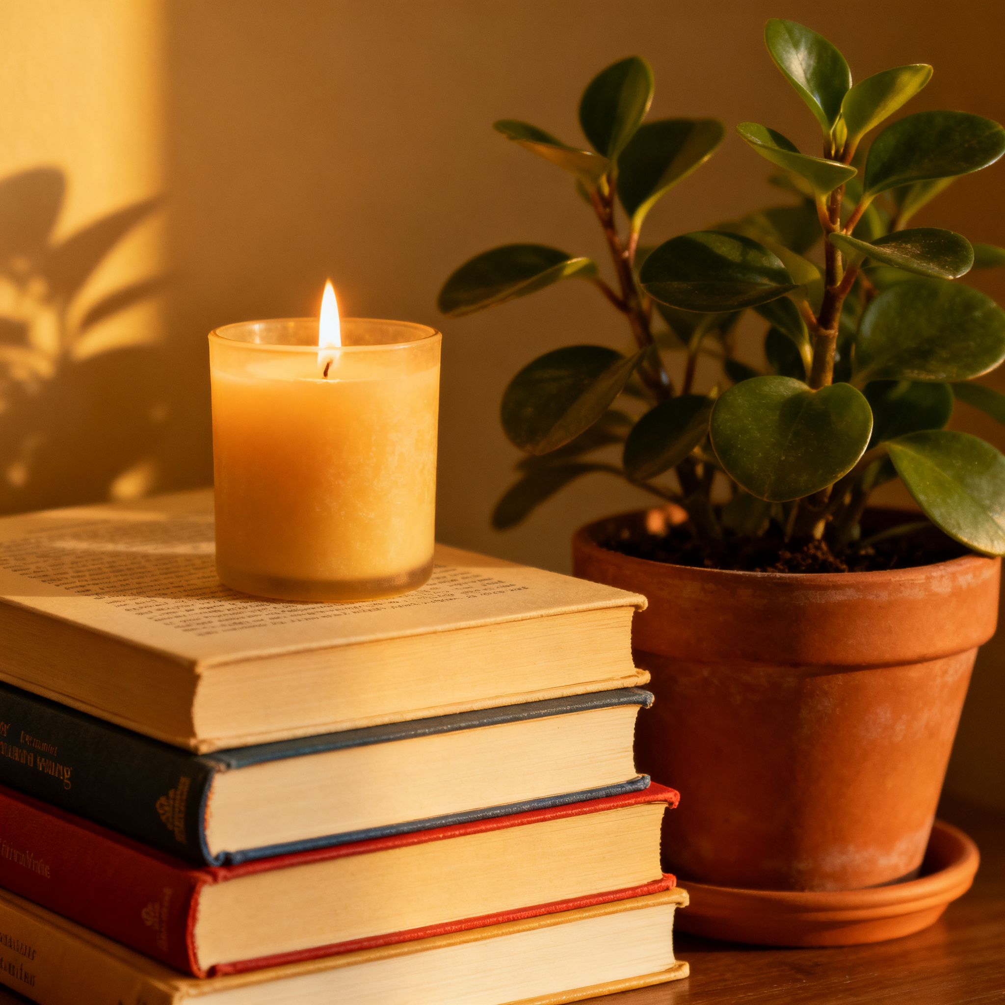 A candle on top of a stack of books, the books next to a pot