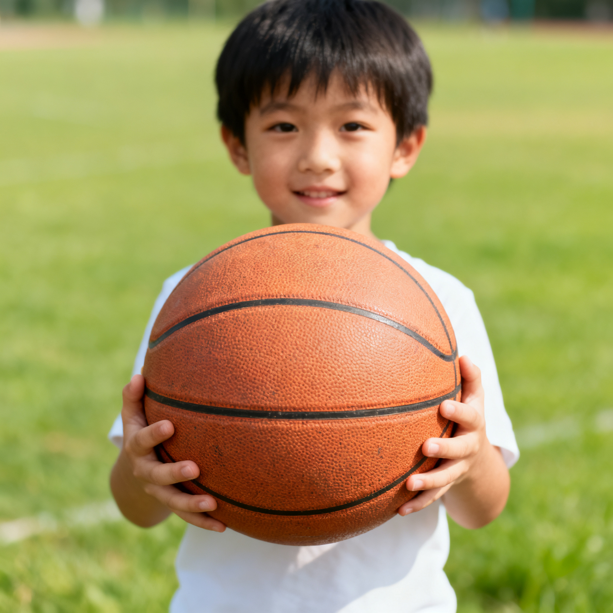 A child holding a basketball, both at correct relative sizes