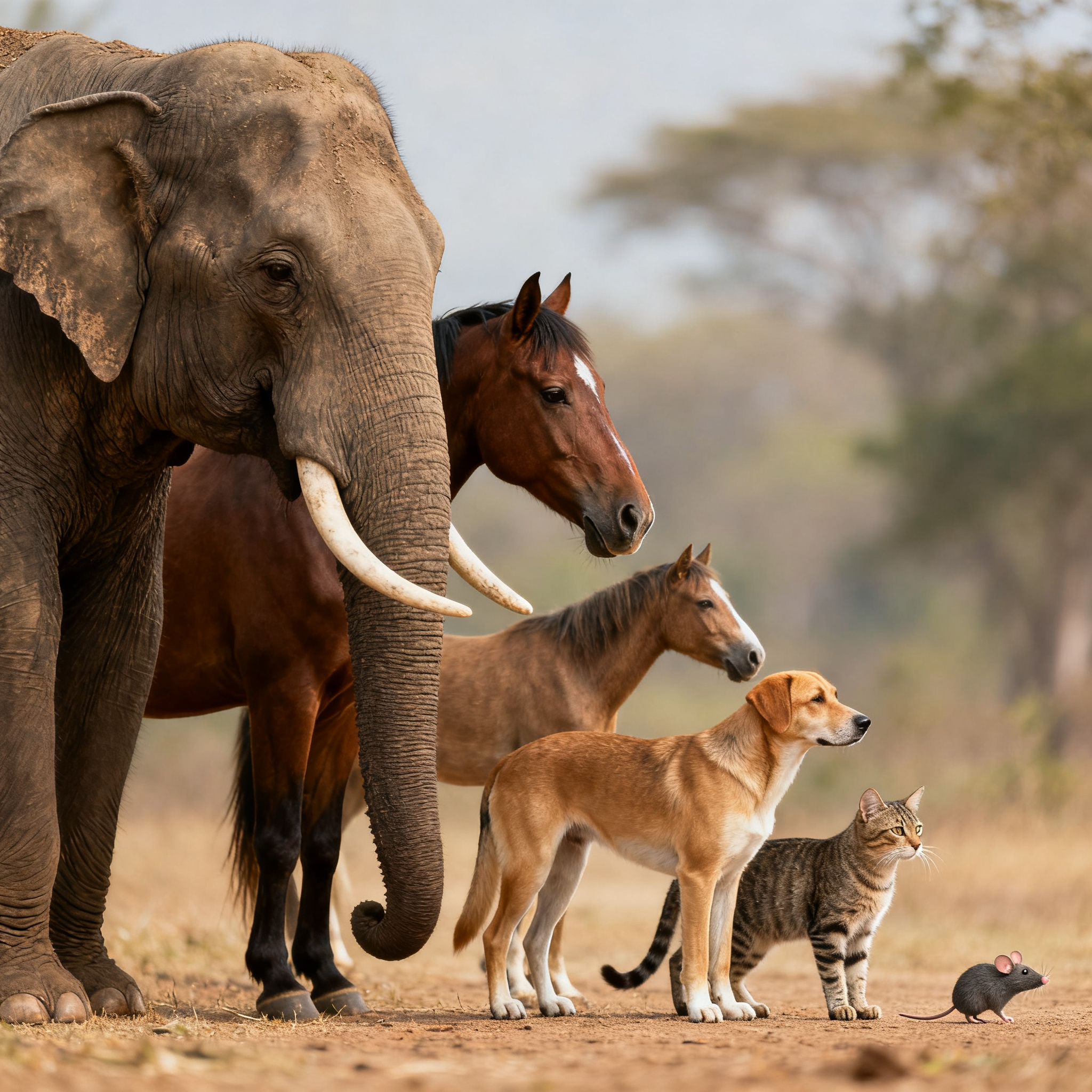 A group photo of an elephant, a horse, a dog, a cat, and a m