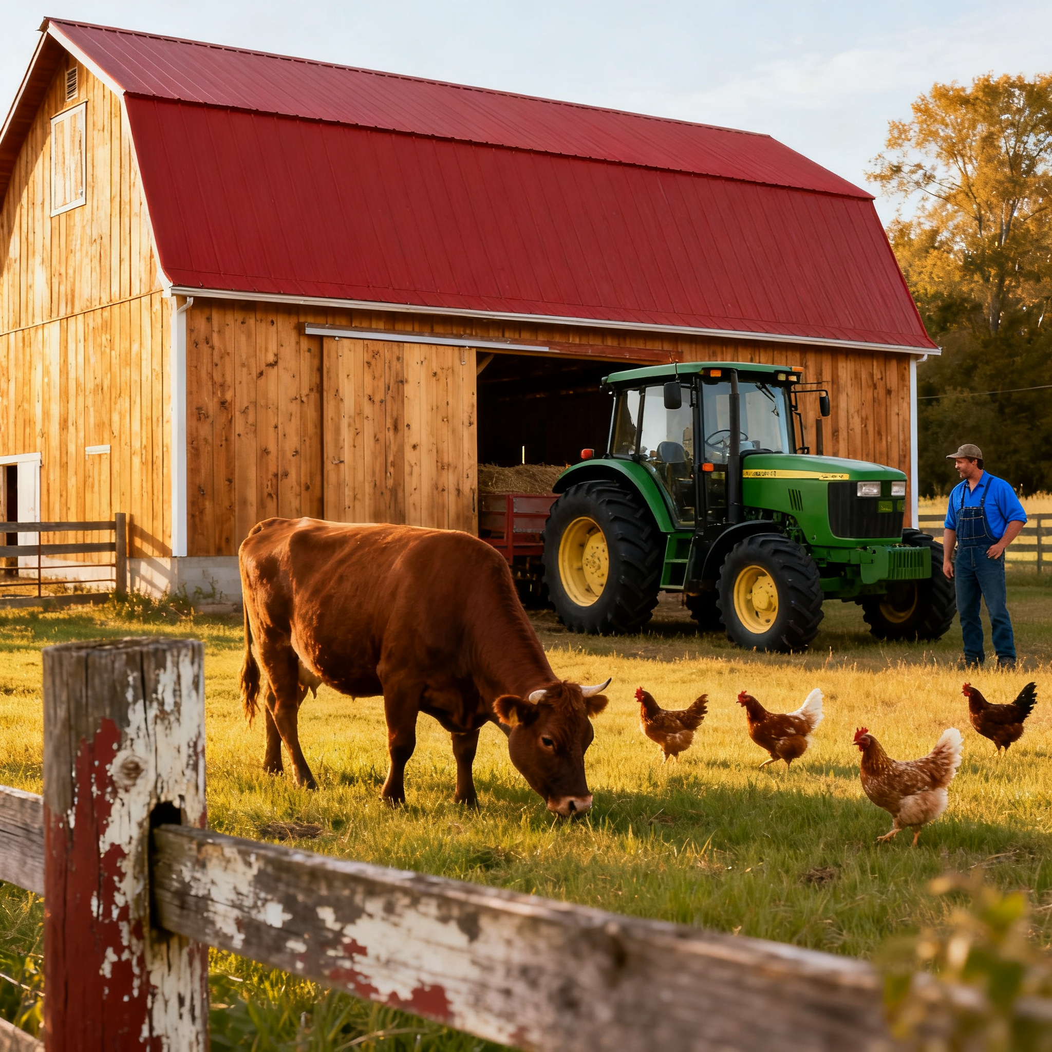 A farm scene with a barn, tractor, farmer, cow, chicken, and