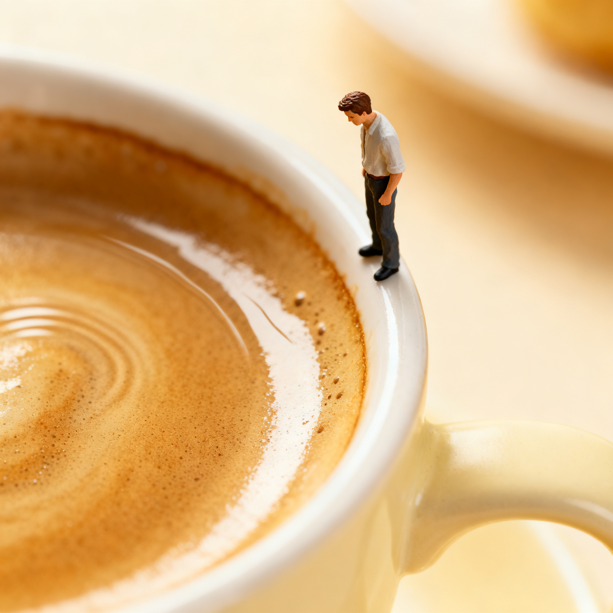 A tiny person standing on the rim of a coffee cup, looking d