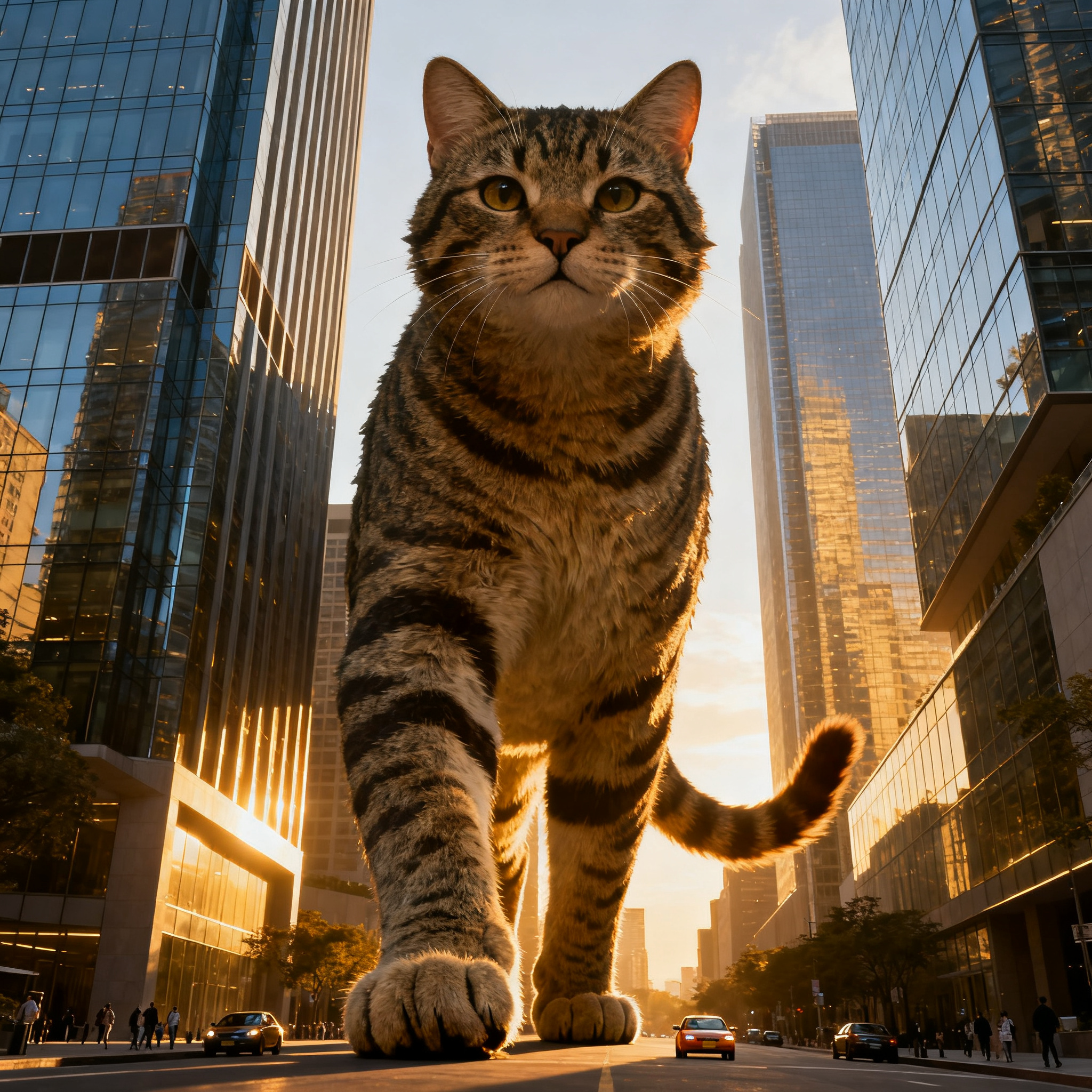 A giant tabby cat walking between city skyscrapers like a ka