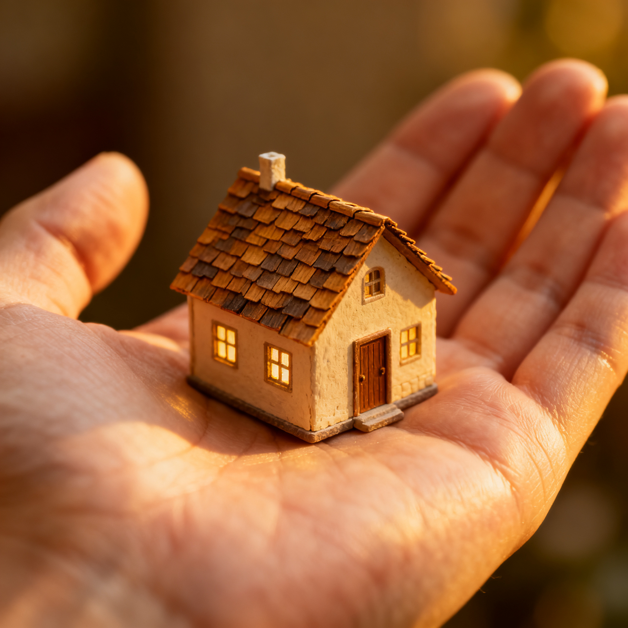 A miniature house sitting on the palm of someone's hand