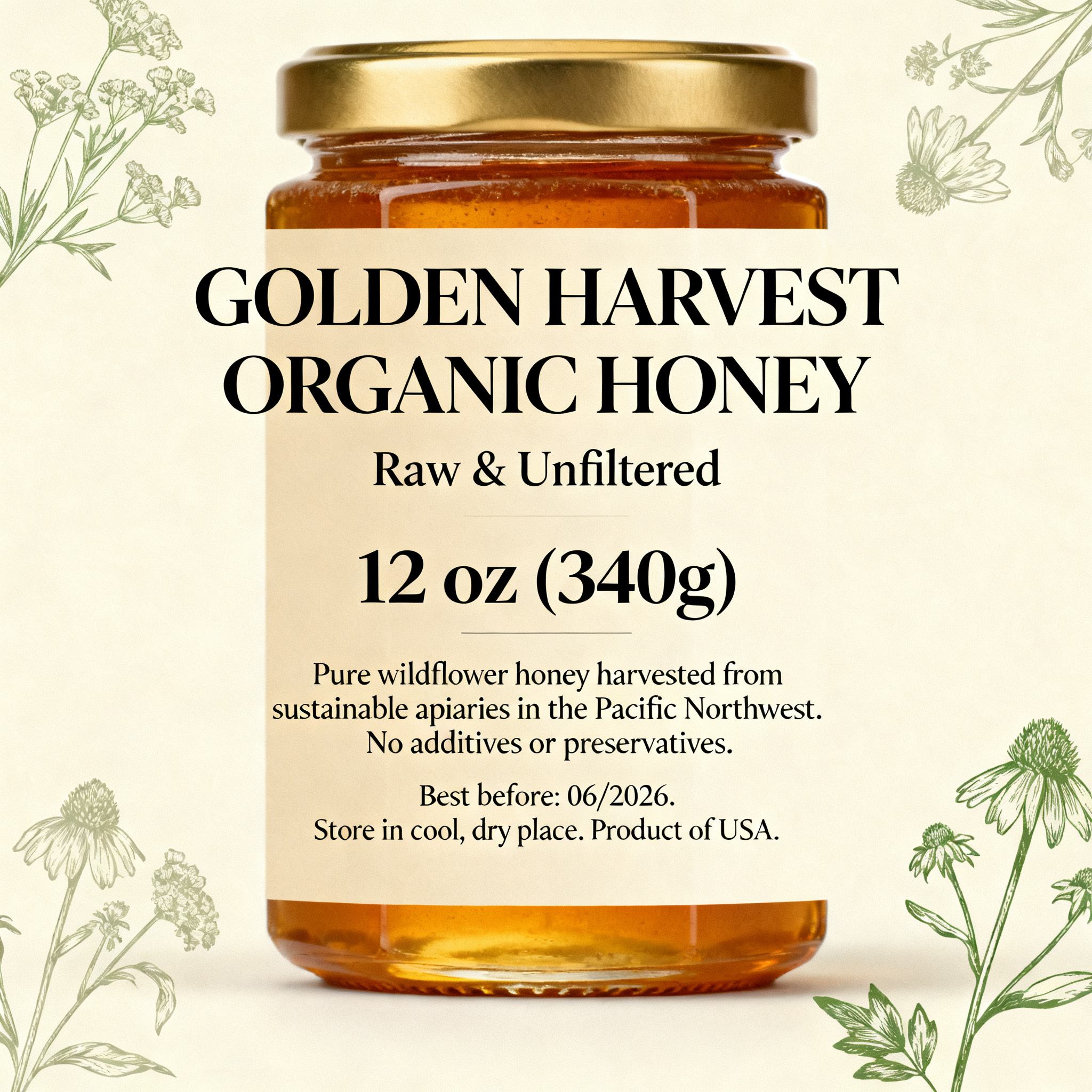 A product label for 'GOLDEN HARVEST ORGANIC HONEY' with subt