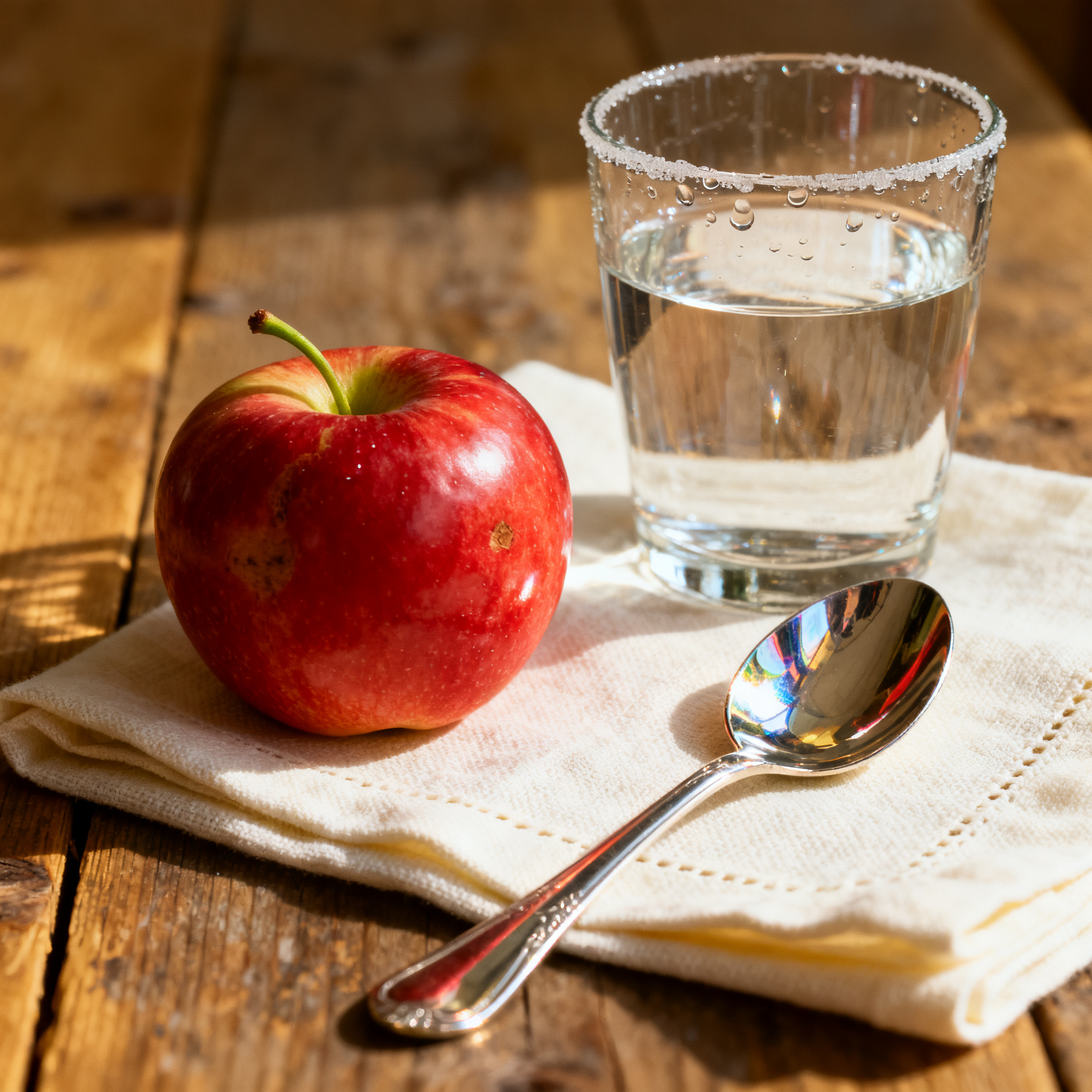 A still life on a wooden table featuring a clear glass of wa
