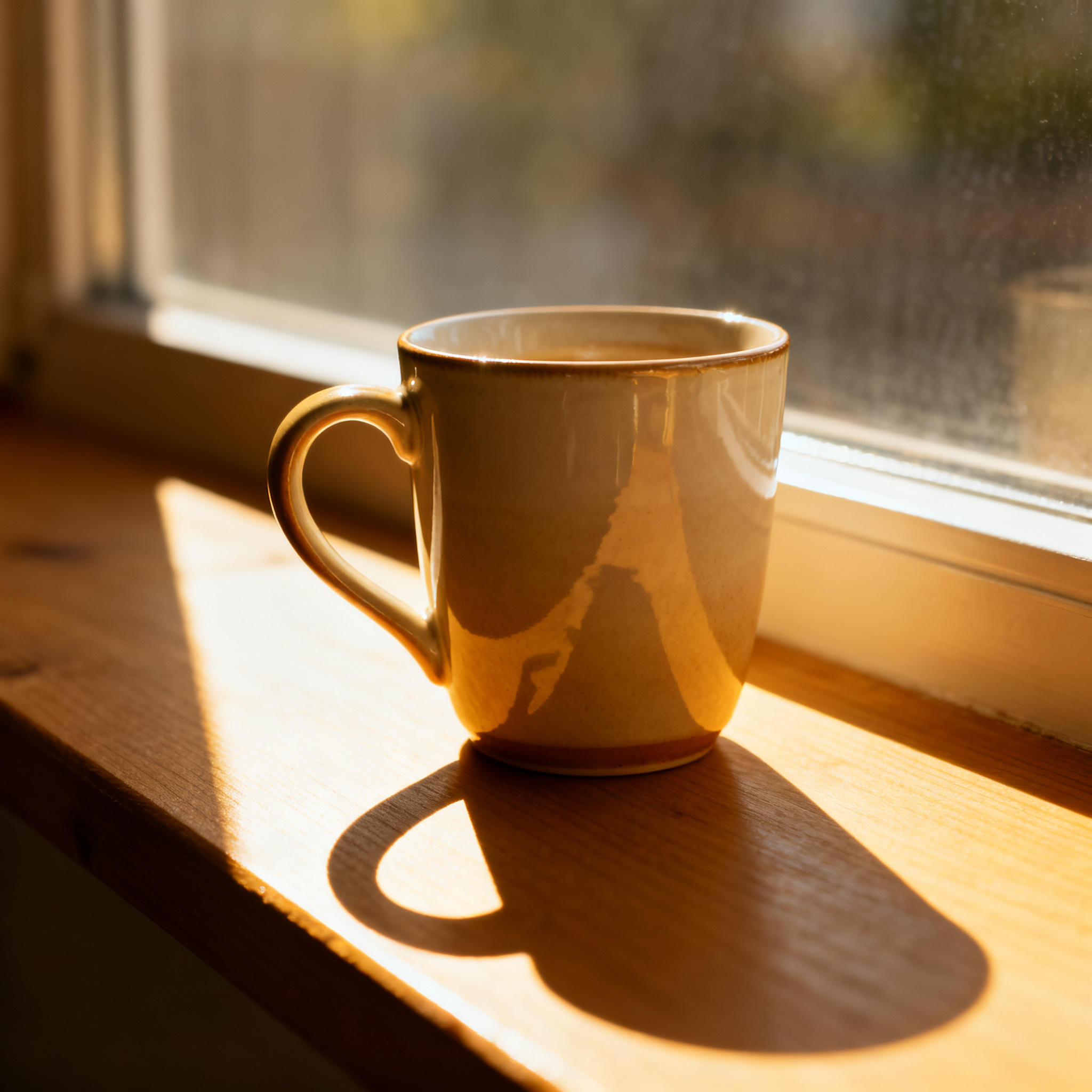 A coffee mug on a sunny windowsill casting a sharp shadow to