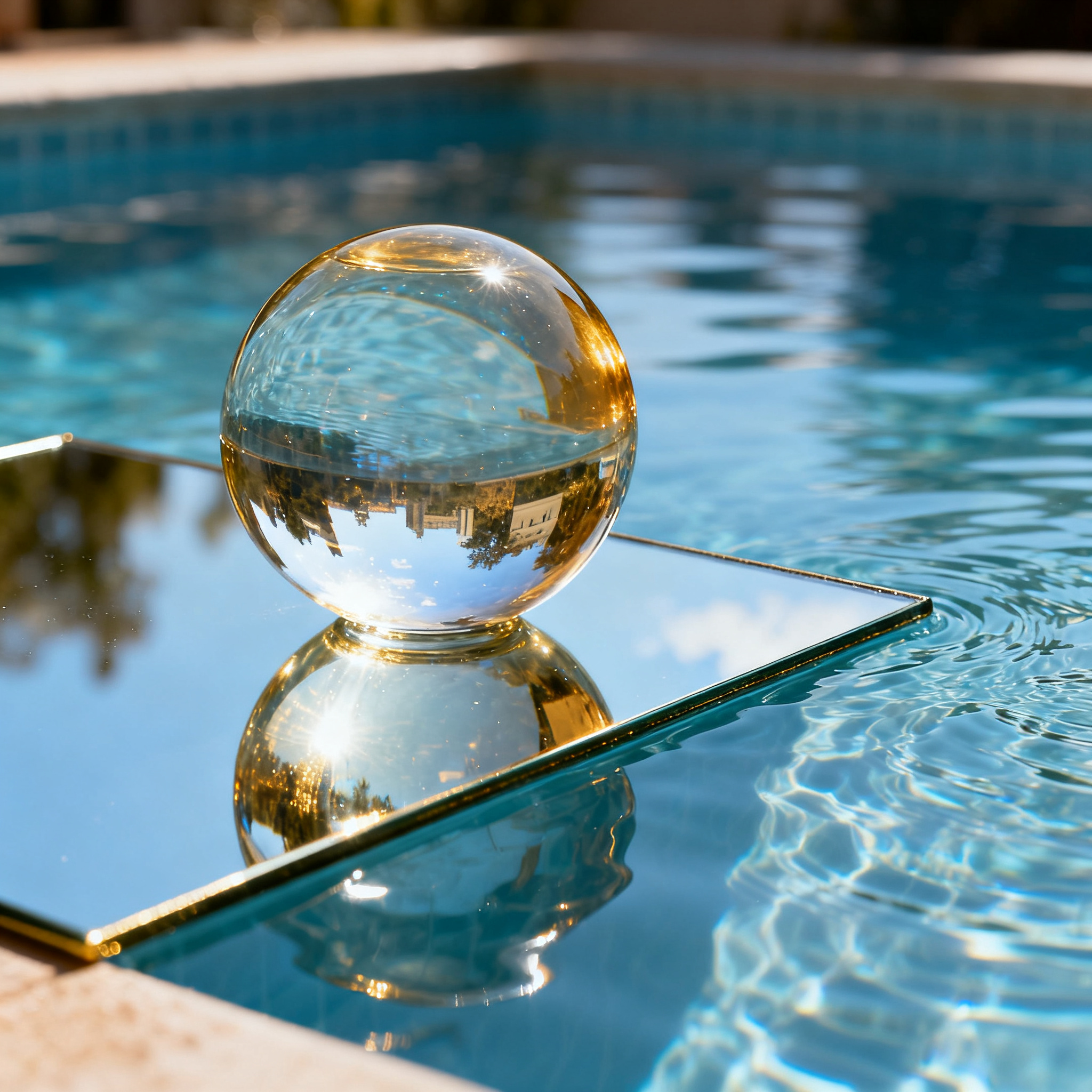 A clear glass sphere sitting on a mirror surface near a pool