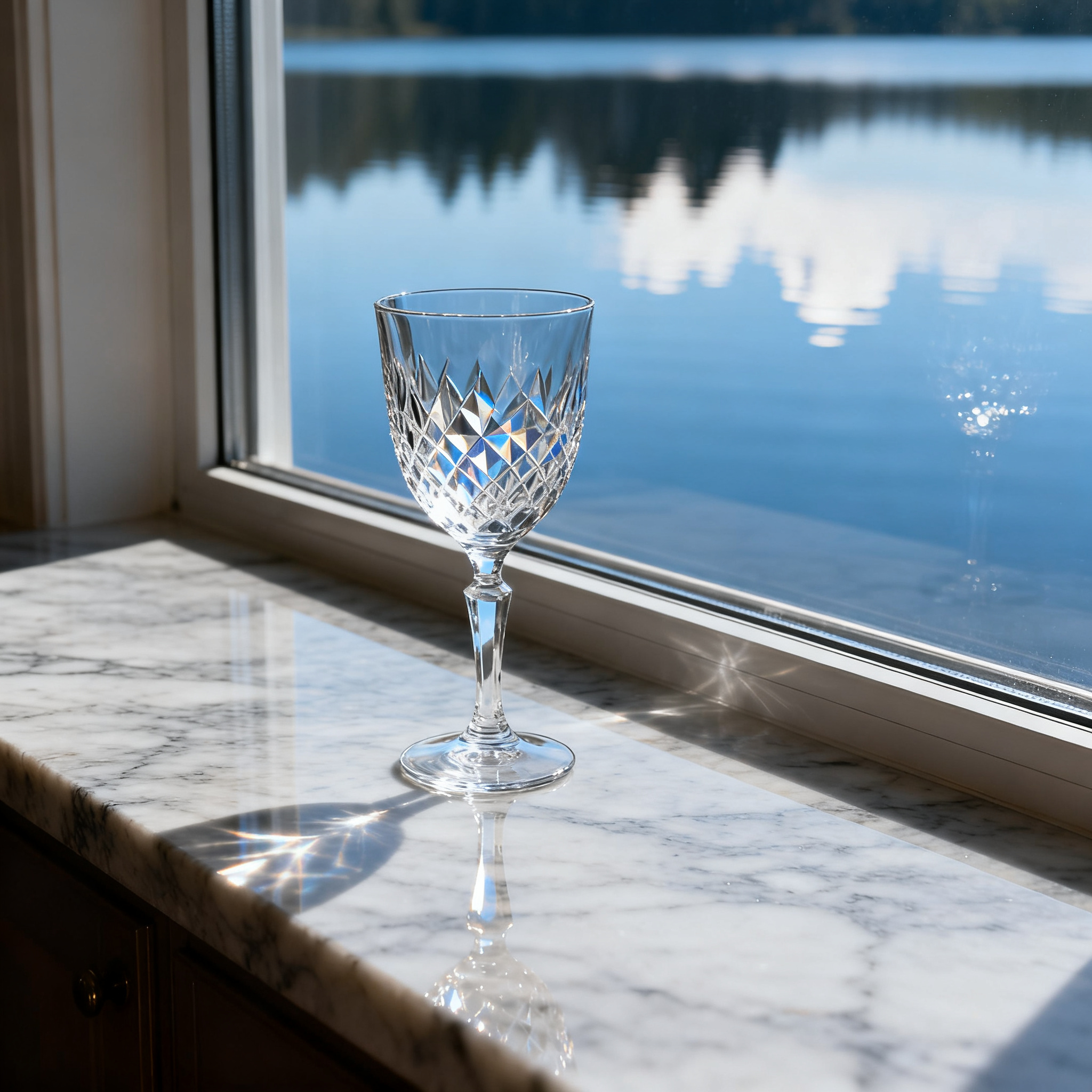 A crystal wine glass on a polished marble counter next to a 