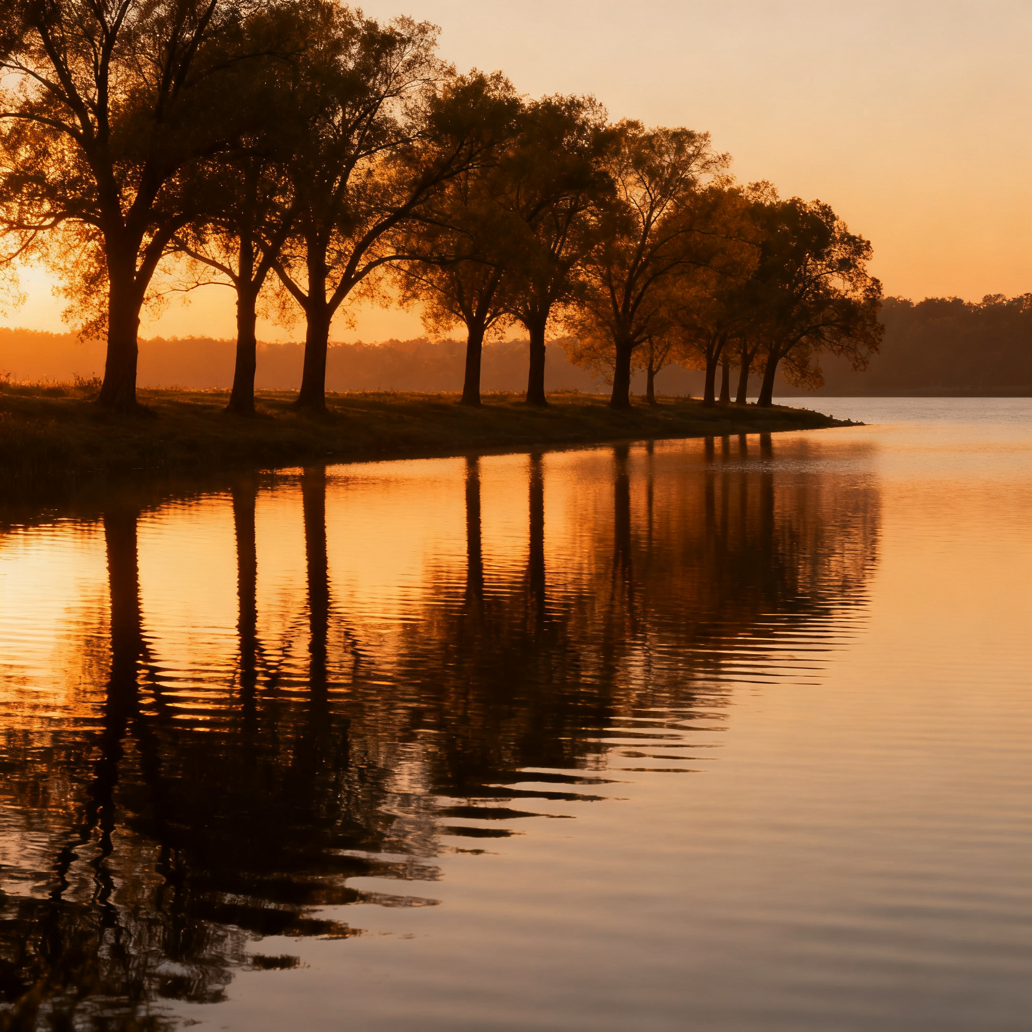 A row of trees reflected in a calm lake at sunset, with the 