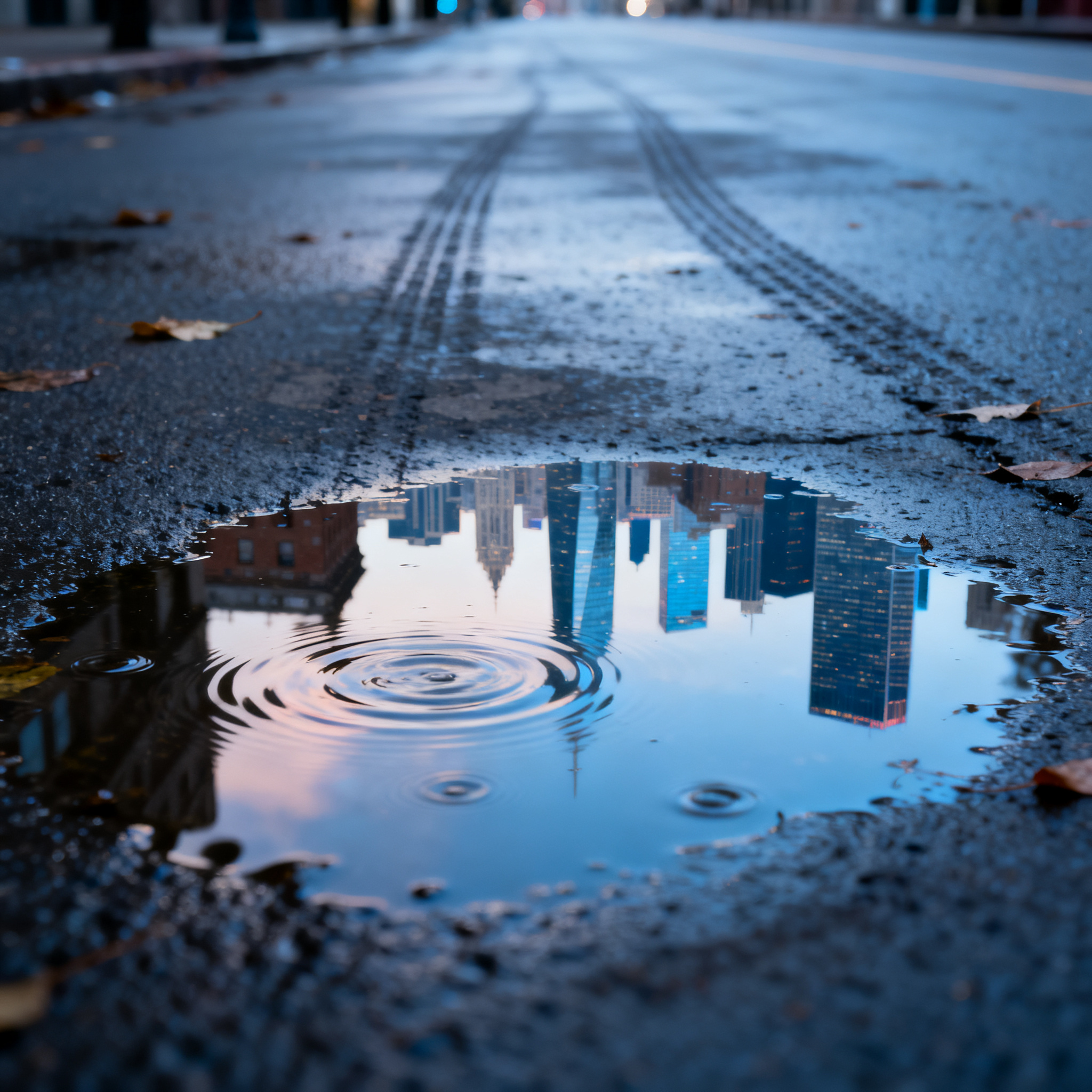 A city skyline reflected in a rain puddle on a street, with 