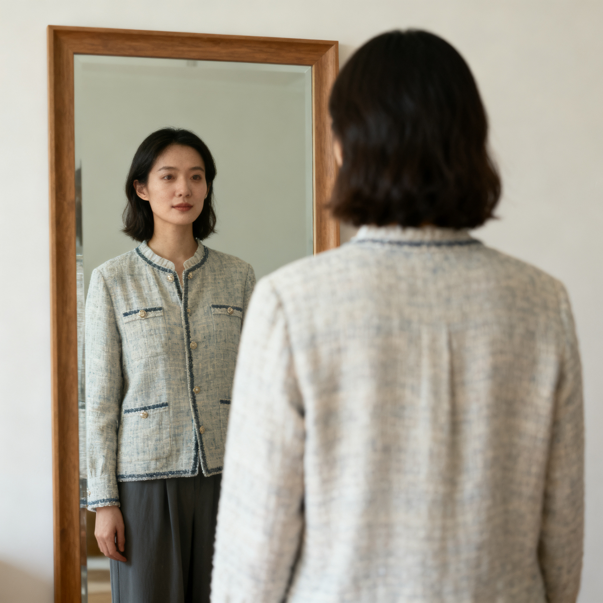 A woman standing in front of a full-length mirror, her refle