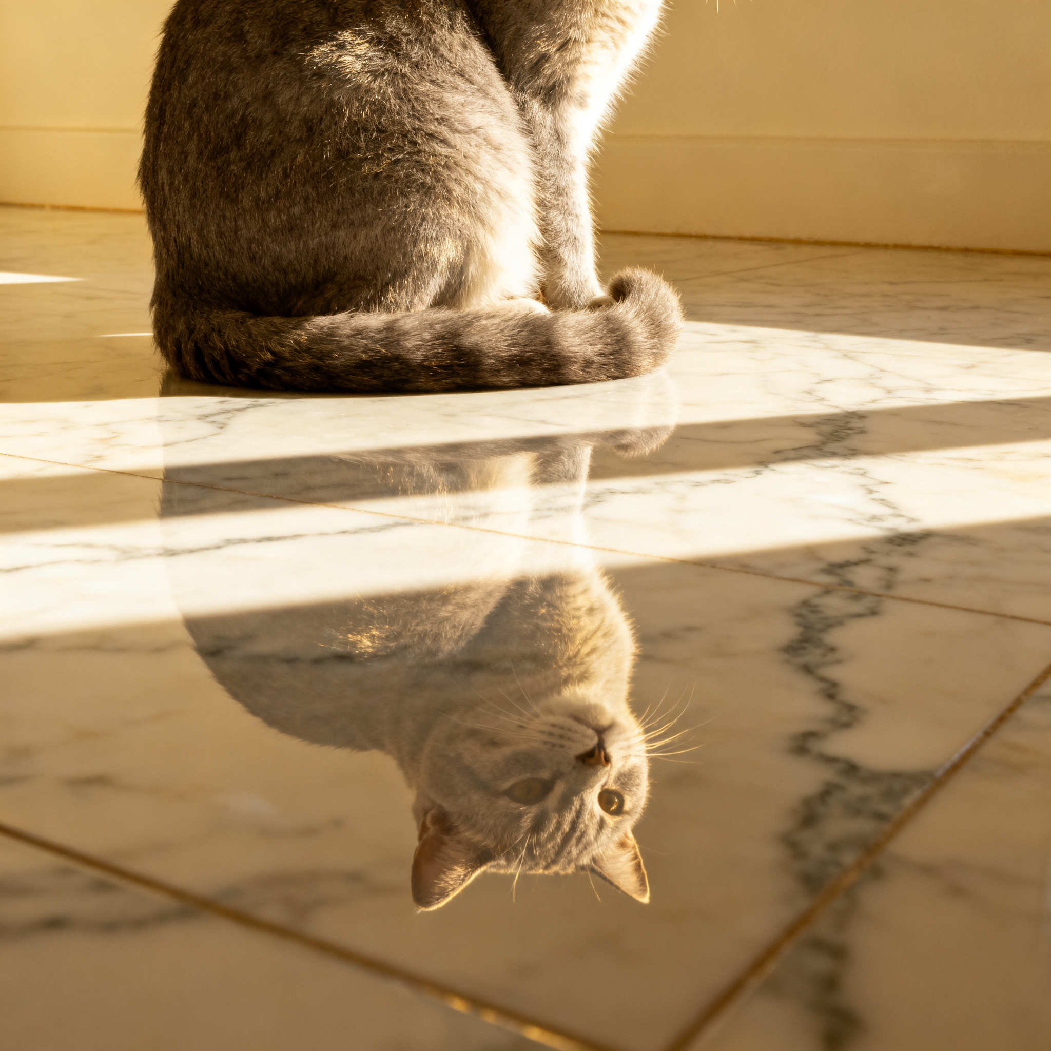 A cat sitting on a polished marble floor with its reflection