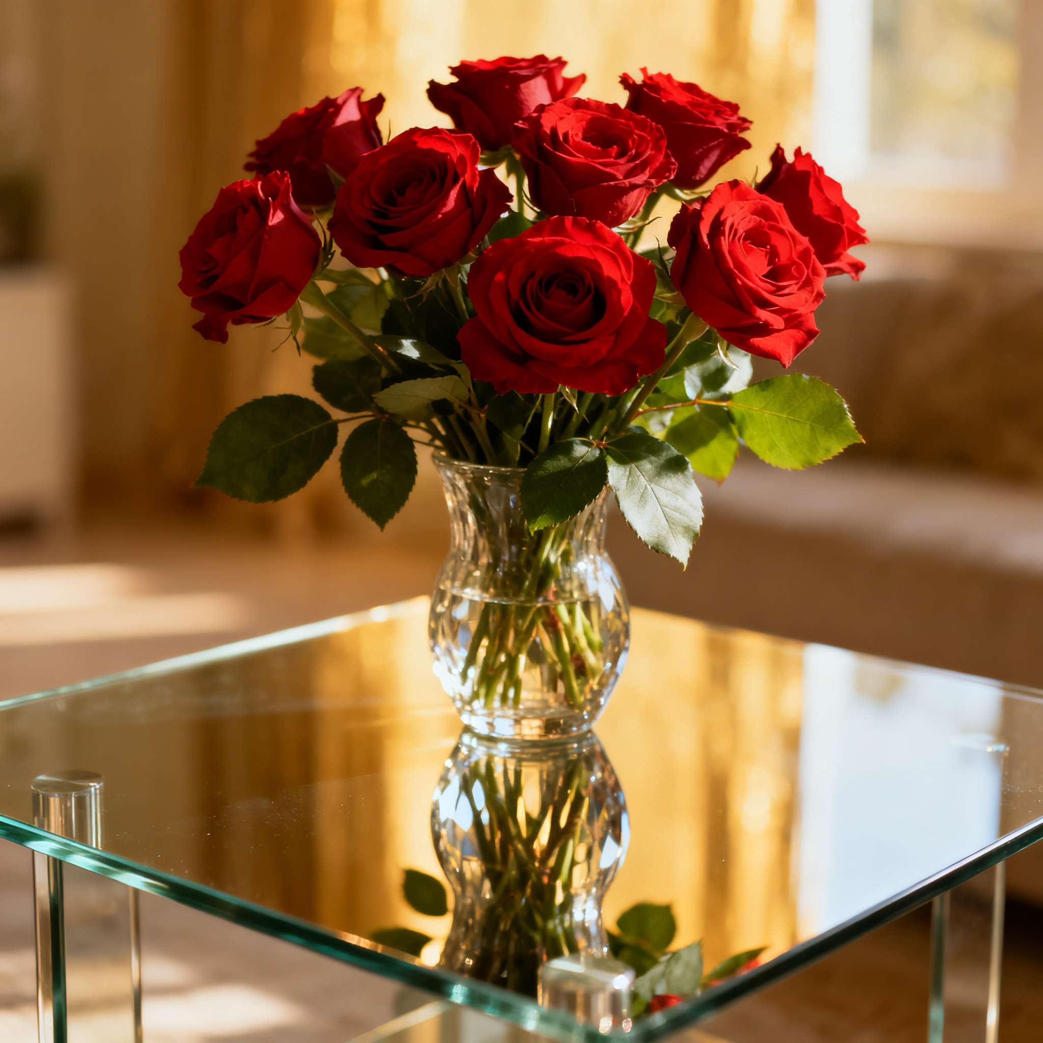 A vase of flowers on a glass table with a clear reflection v