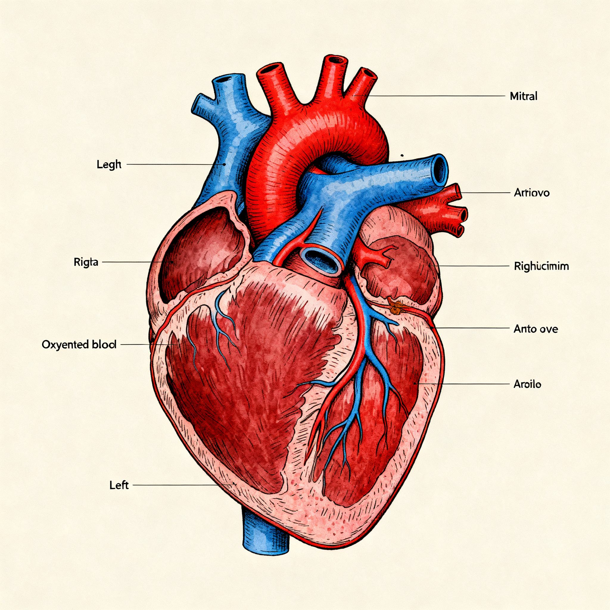 An anatomical illustration of the human heart showing four c