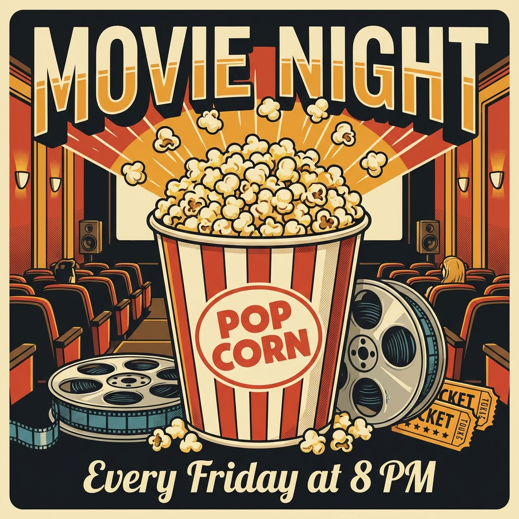 A movie night poster with a large popcorn image in the cente