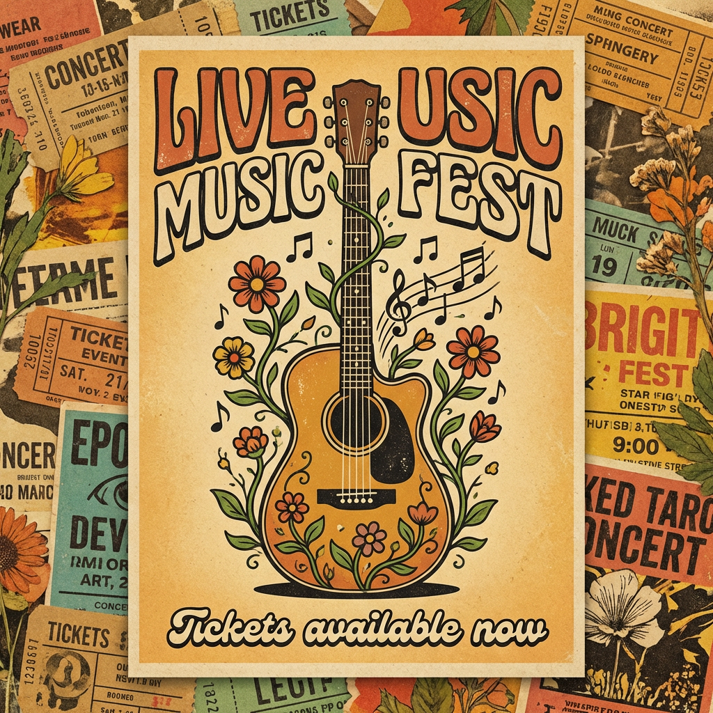 An event poster featuring a guitar illustration, the headlin