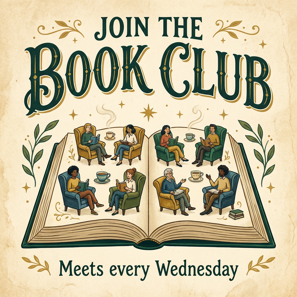 A book club poster with an open book illustration, the title