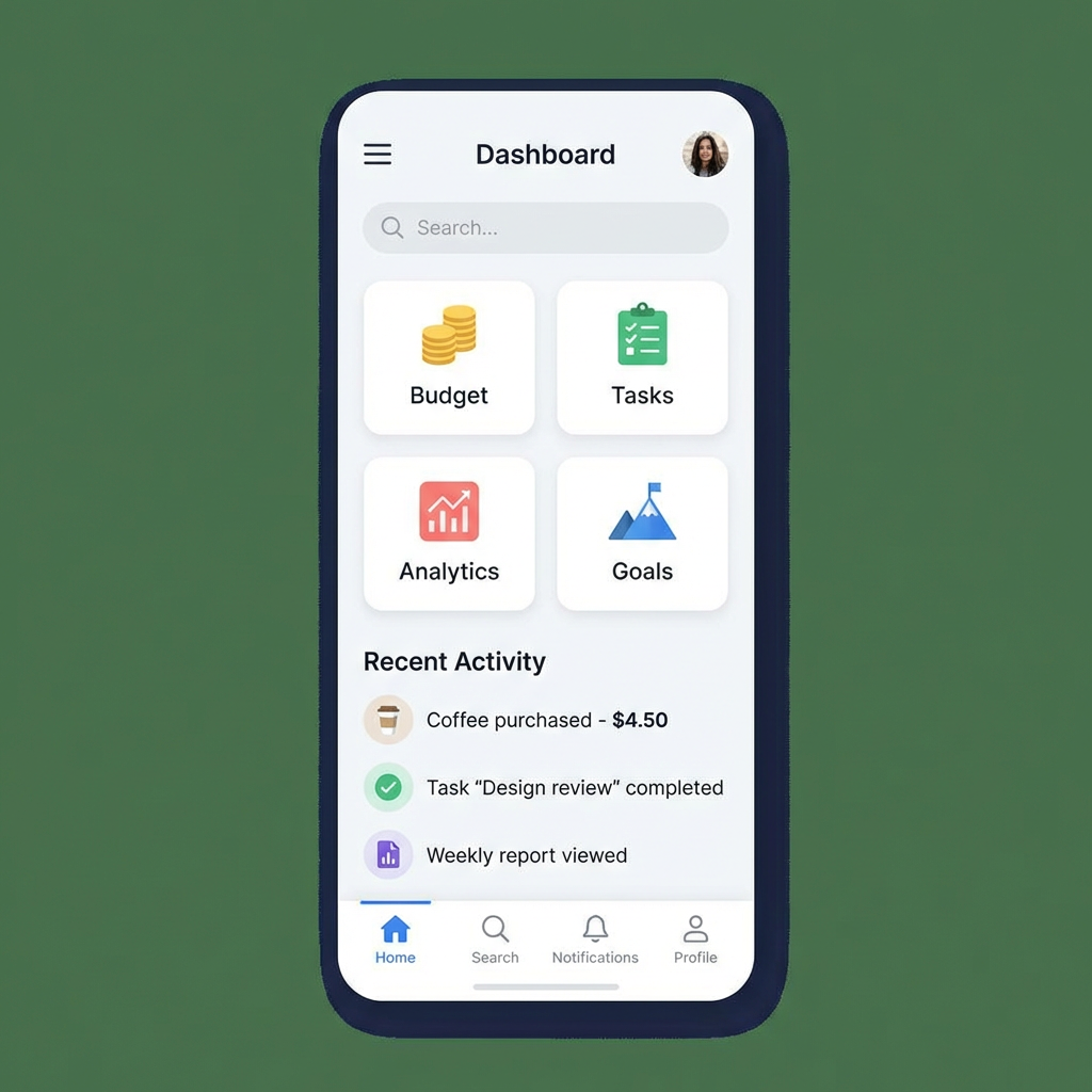 A mobile app UI mockup showing a dashboard with a top naviga
