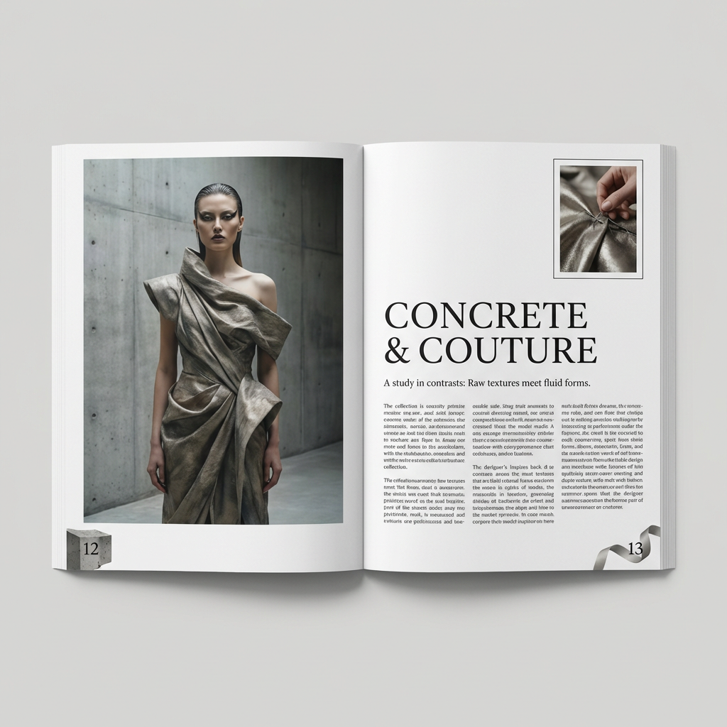 A fashion magazine spread with a full-bleed left-page photo,