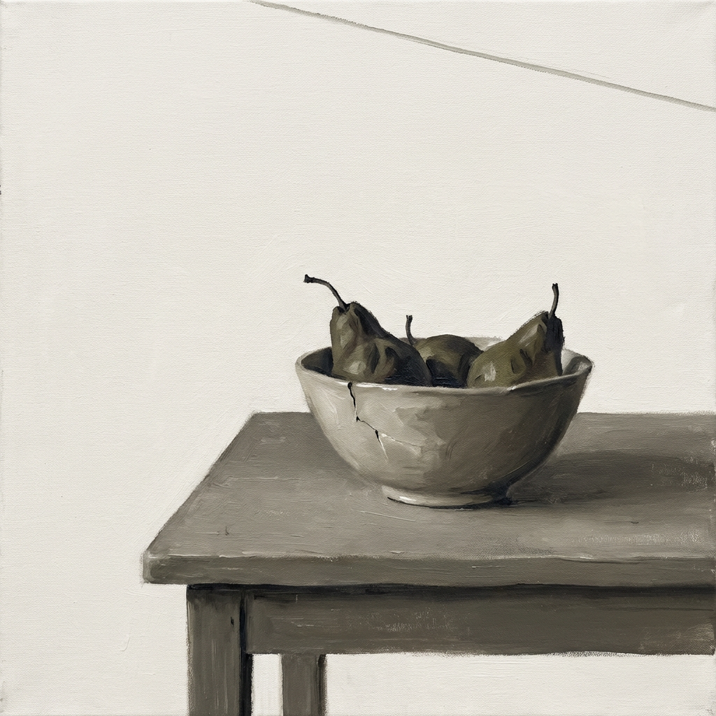A still life painted in anxious minimalism — sparse composit
