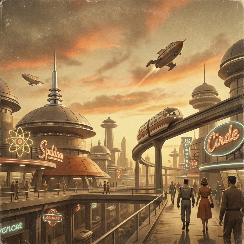 A cityscape rendered in nostalgic futurism — retro-futuristi