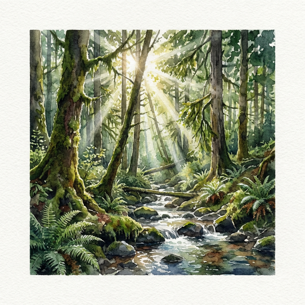 A forest rendered in photorealistic watercolor — the detail 