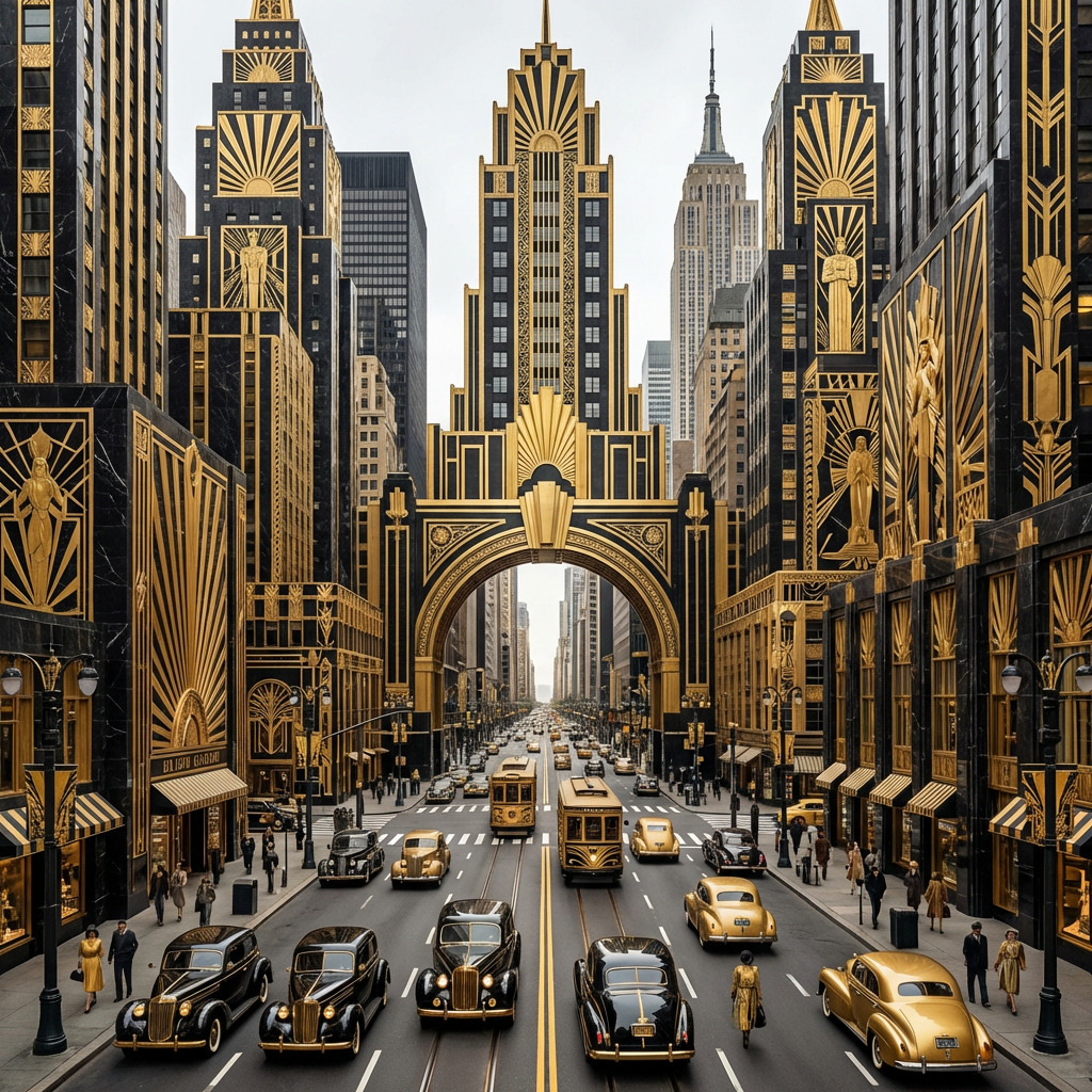 A city street scene in the style of Art Deco — geometric sha