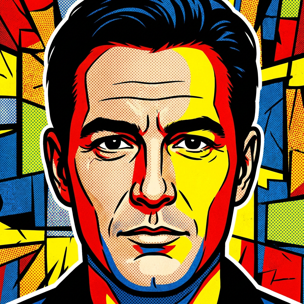 A portrait of a man in Pop Art style — bold outlines, Ben-Da