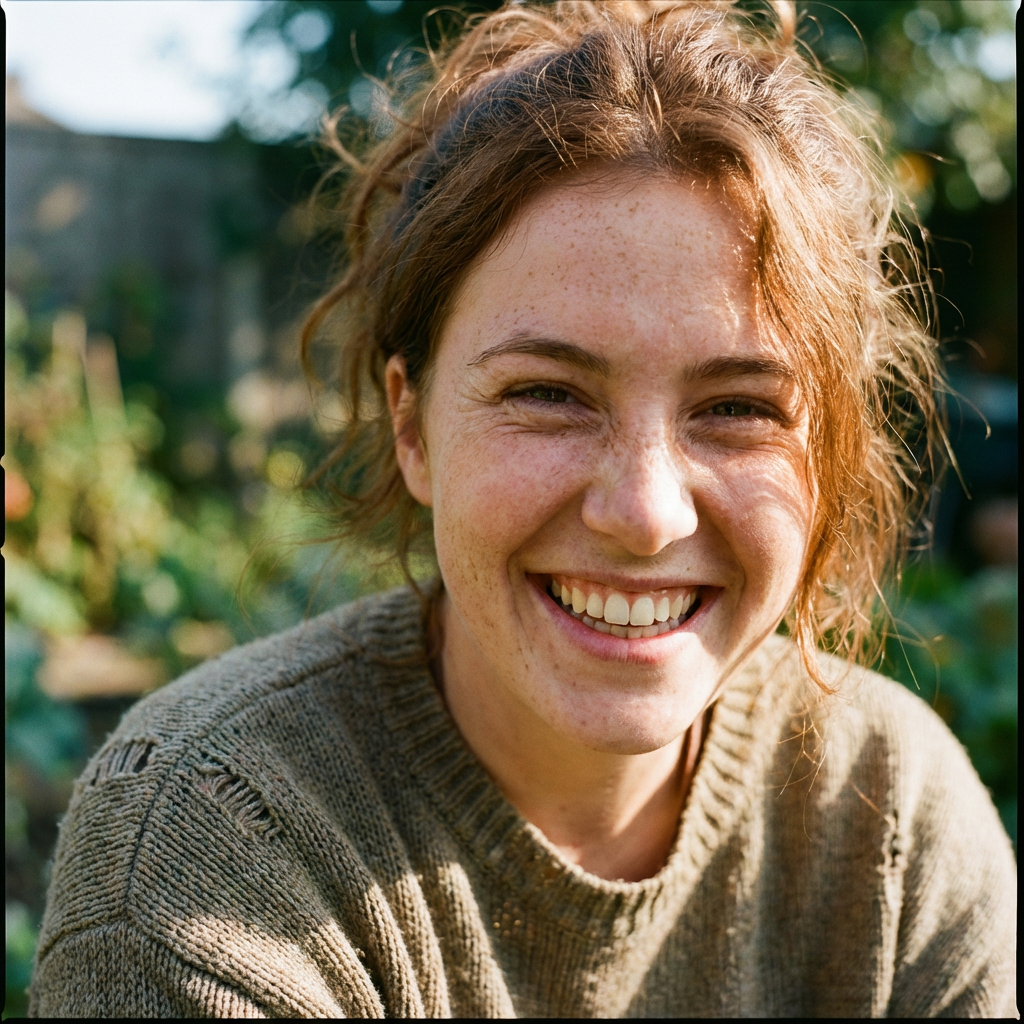 A close-up portrait of a young woman with a warm natural smi