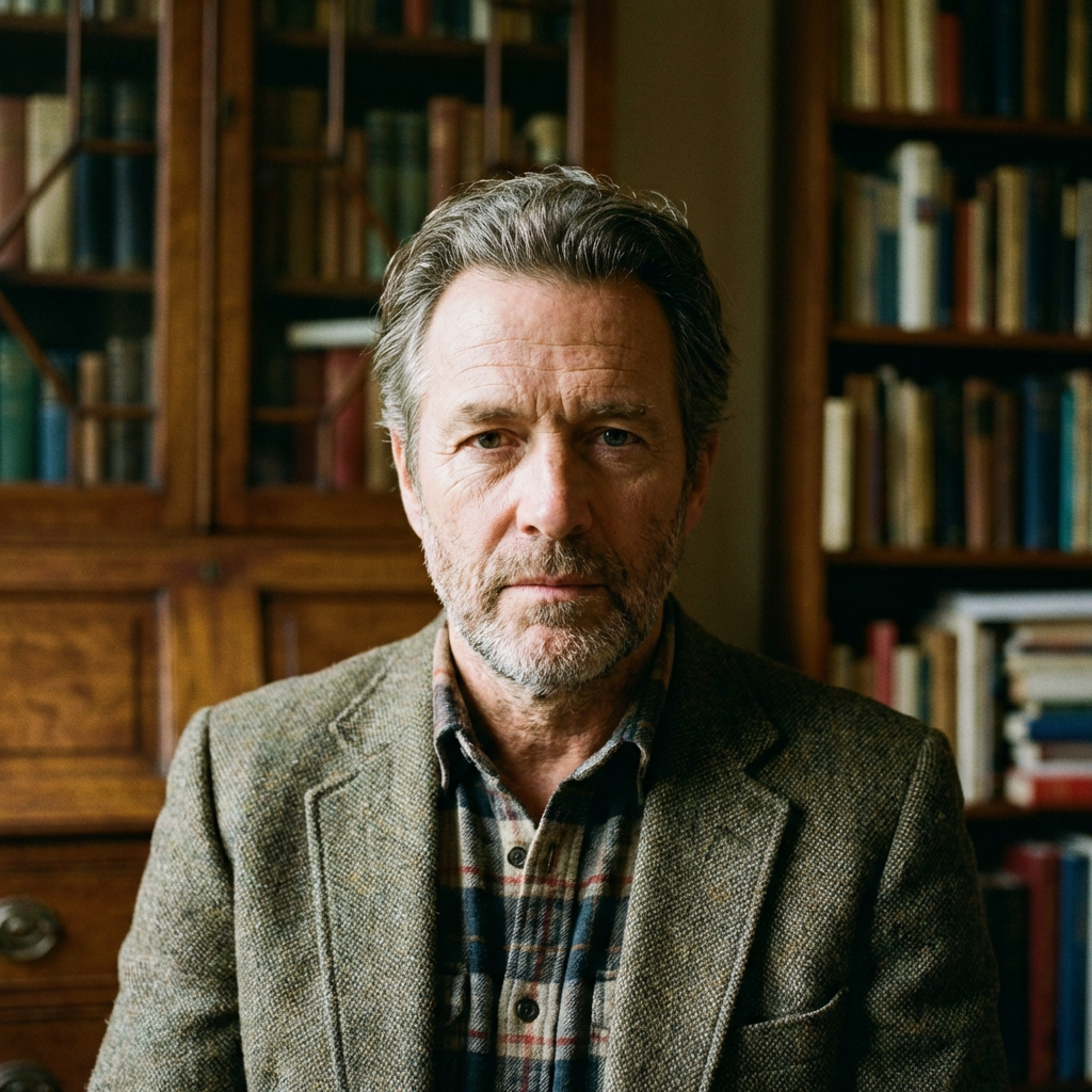 A portrait of a middle-aged man with a calm, serious express