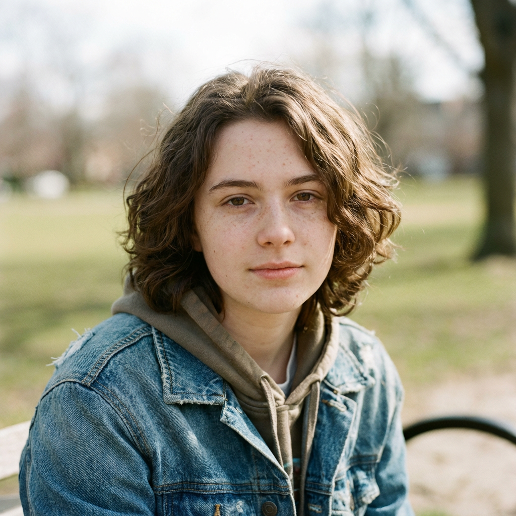 A headshot of a teenager with a relaxed, neutral face