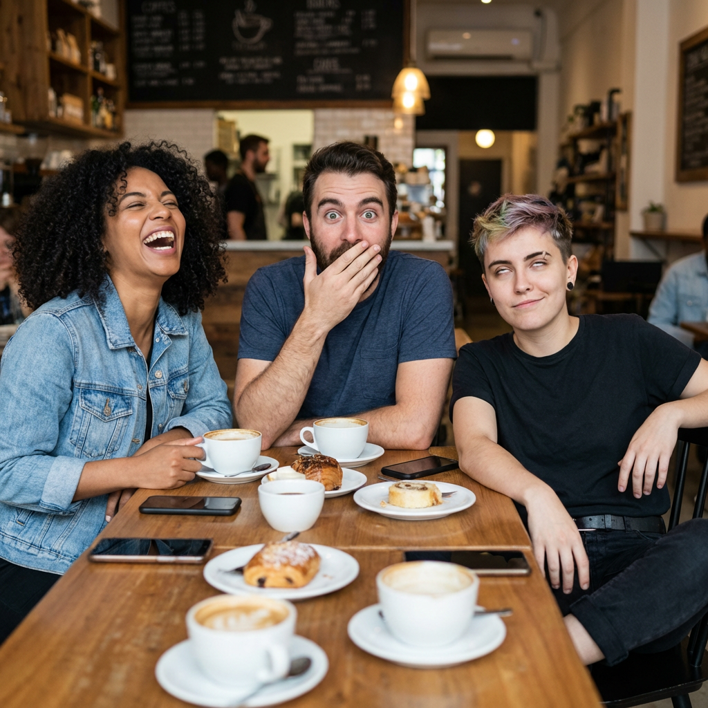 A group of three friends at a table: one laughing with head 