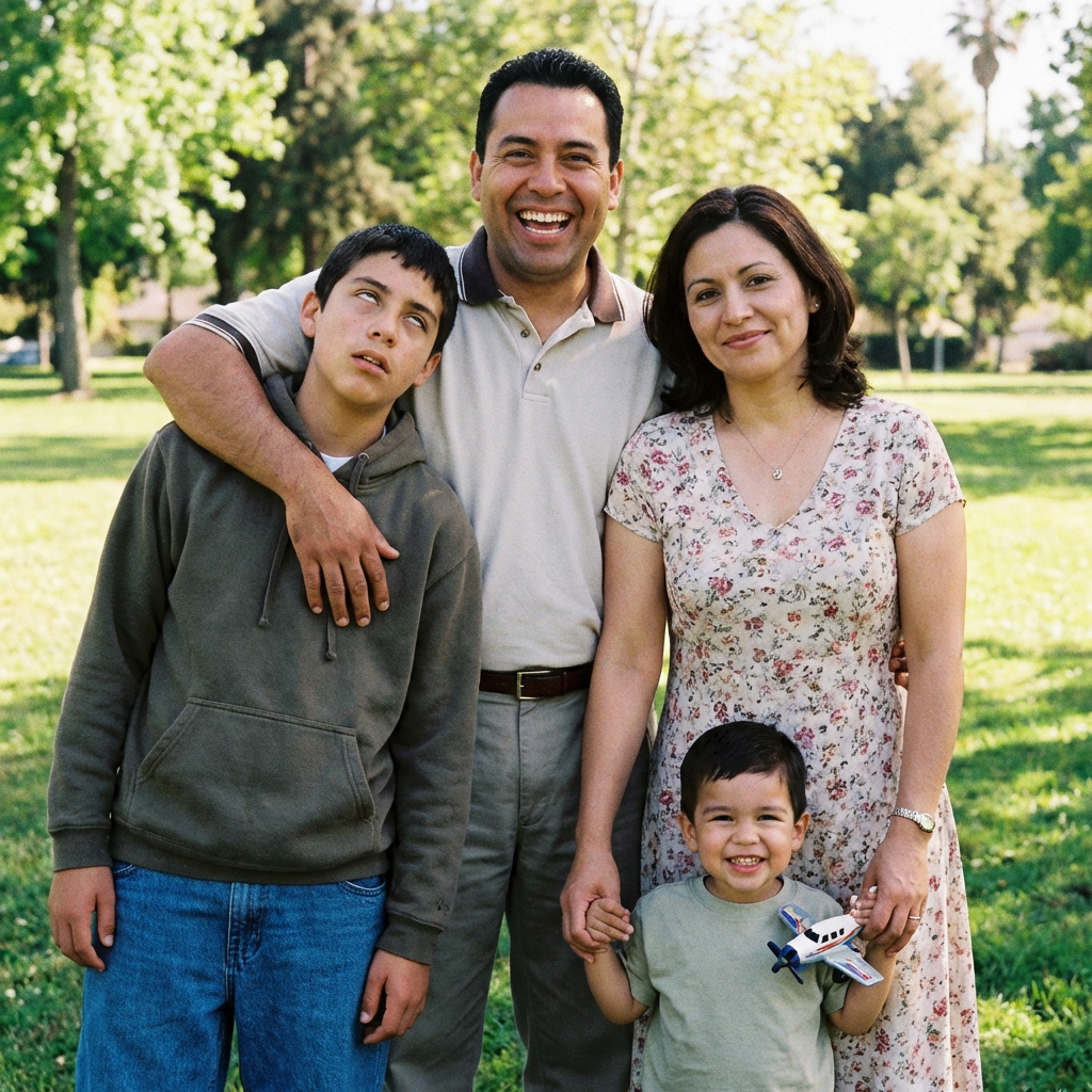 A family photo with four people: a father beaming with pride