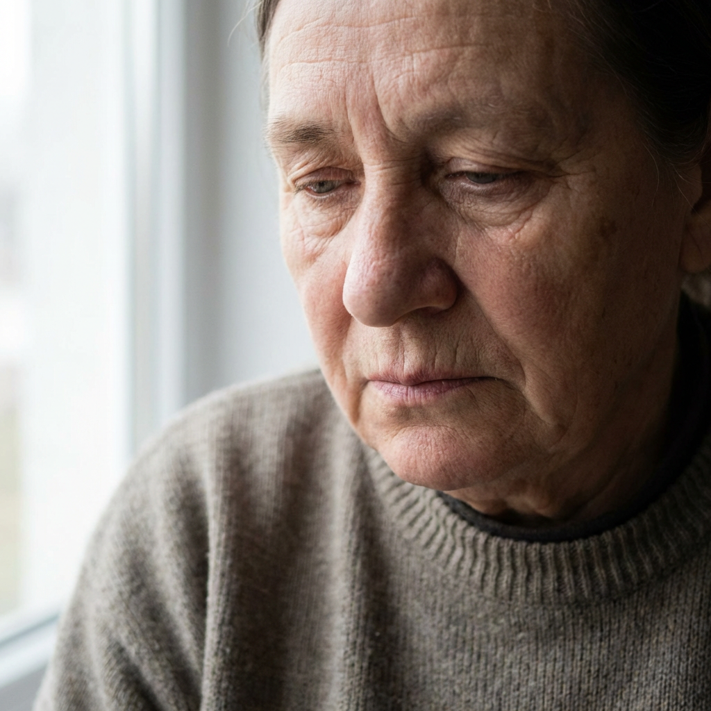 A face showing quiet melancholy — downcast eyes, slightly dr