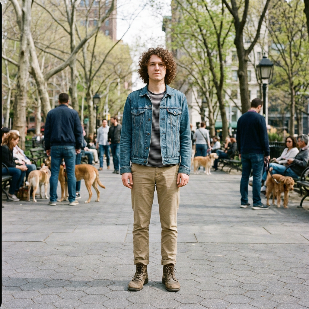 A person standing in a neutral pose in a park, full body vis