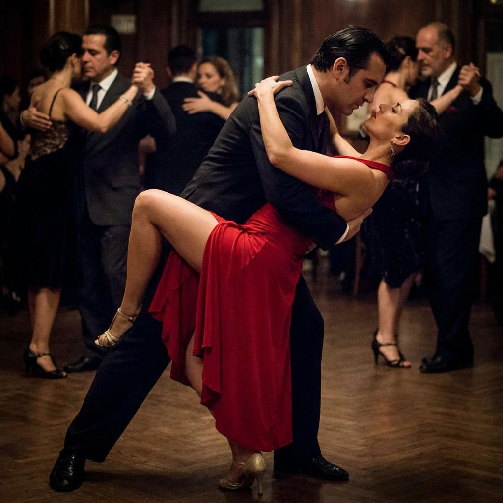Two tango dancers in a close embrace, the man dipping the wo