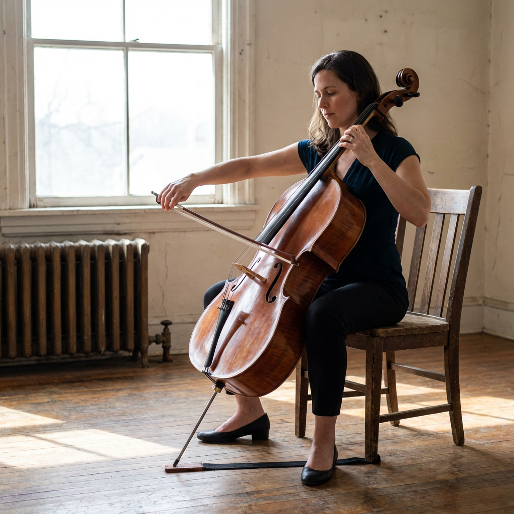 A cellist seated with correct posture, legs around the instr