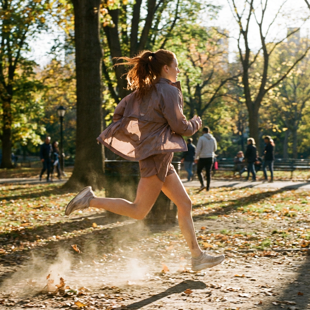 A woman mid-stride running through a park, hair and clothes 