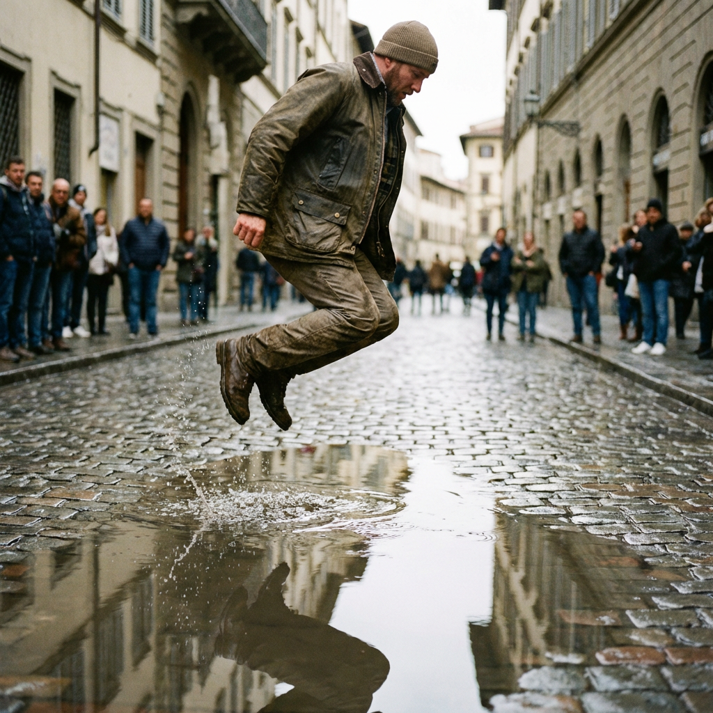 A man captured mid-jump over a puddle, body in the air with 