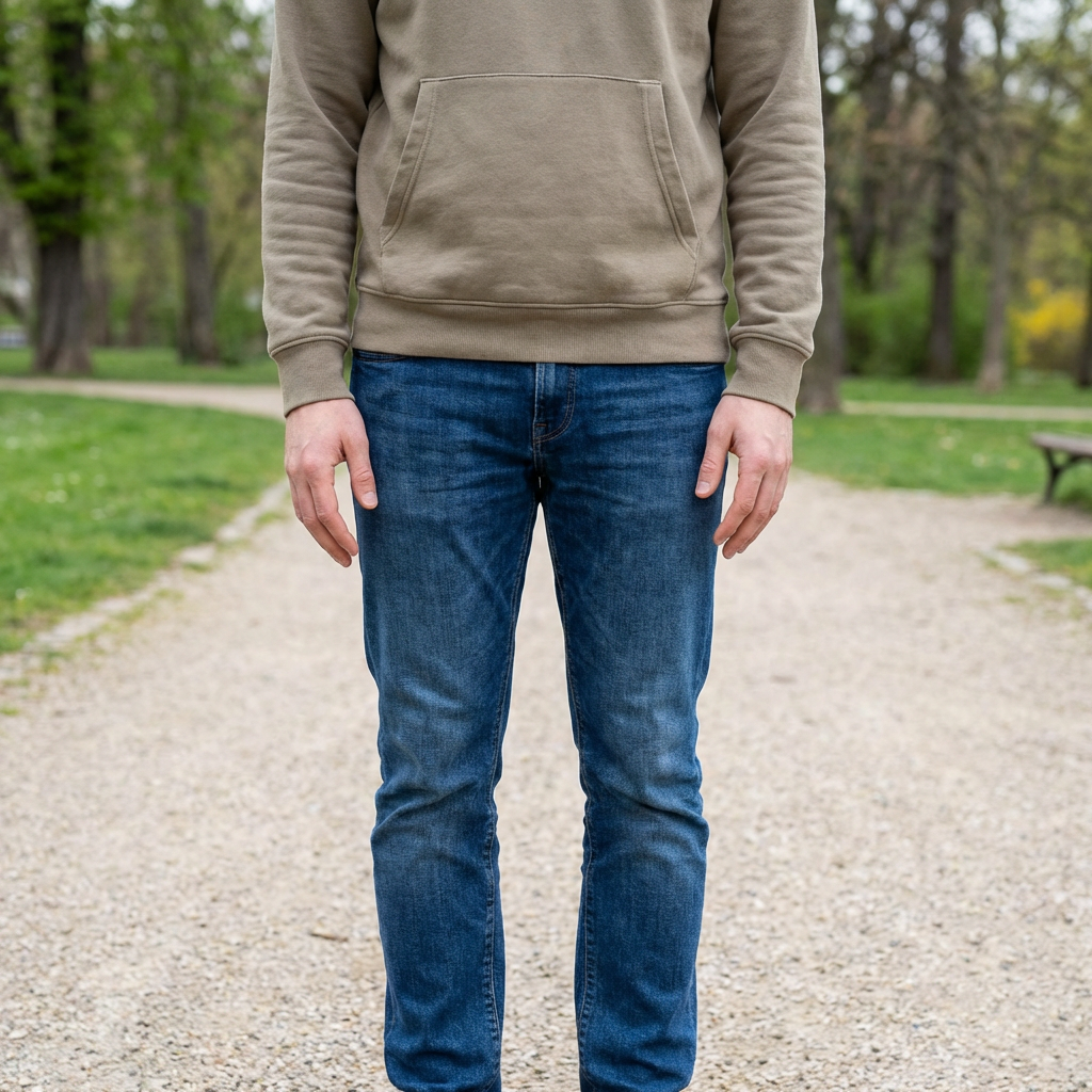 A person standing with both hands visible at their sides, fi