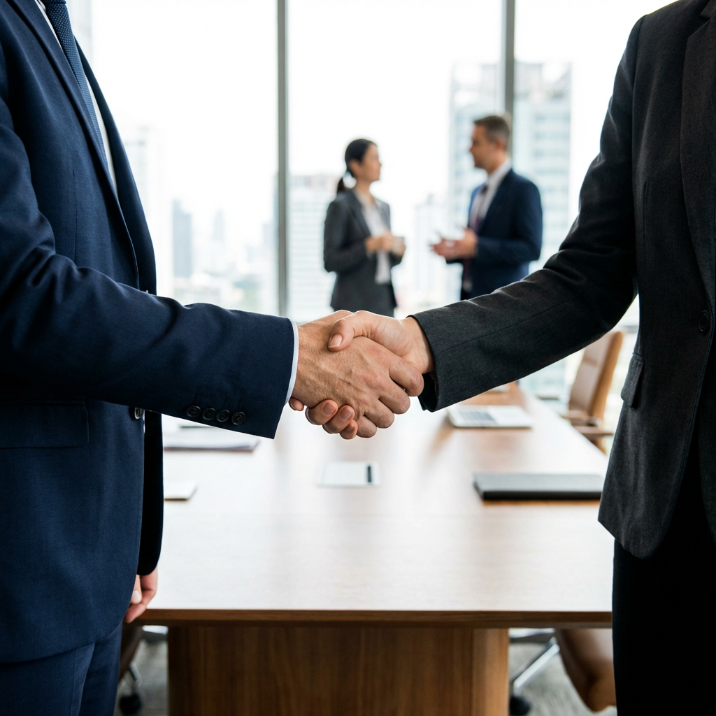 Two people shaking hands in a professional setting, all fing