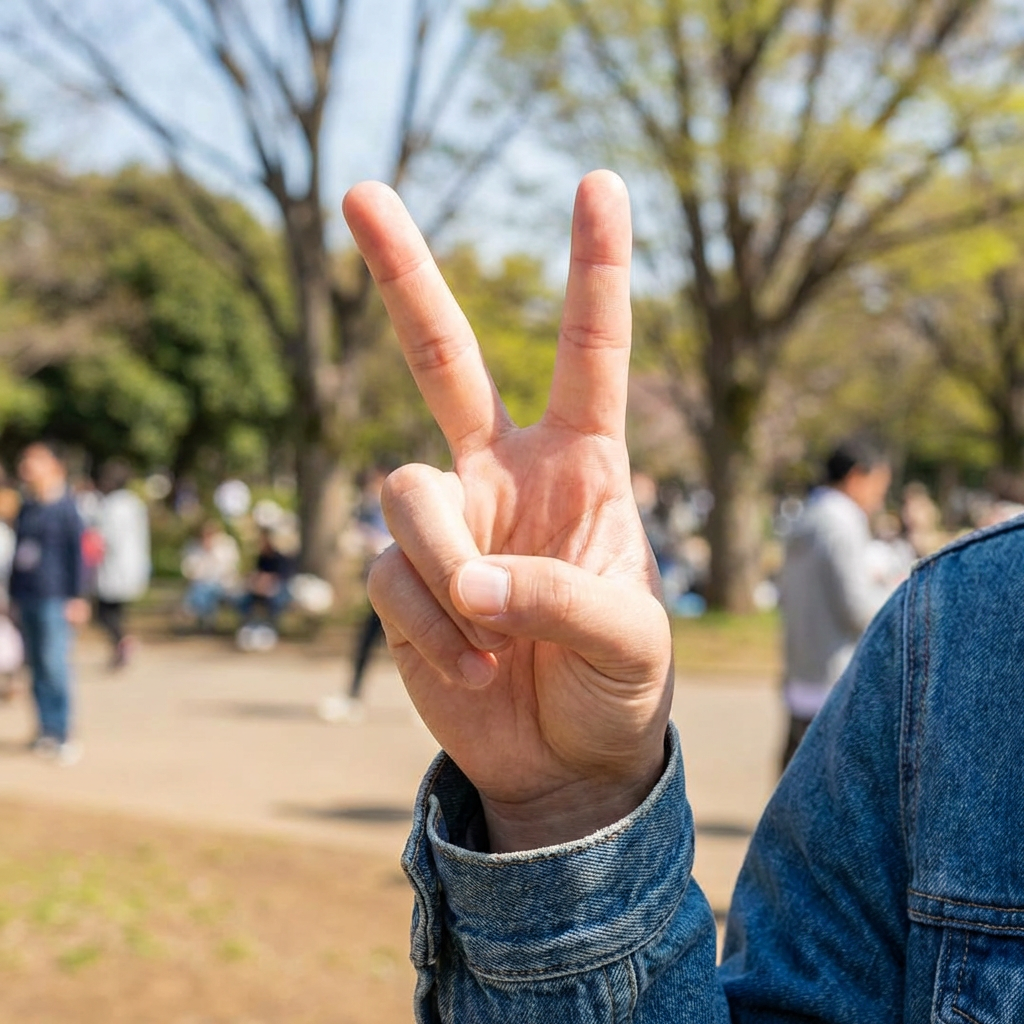 A person making a peace sign with their right hand, clearly 