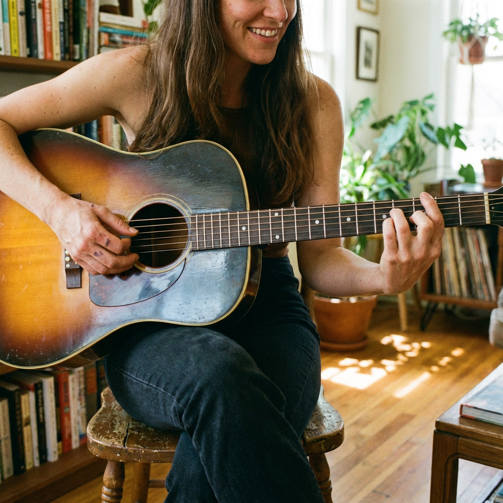 A person playing an acoustic guitar with left hand on the fr
